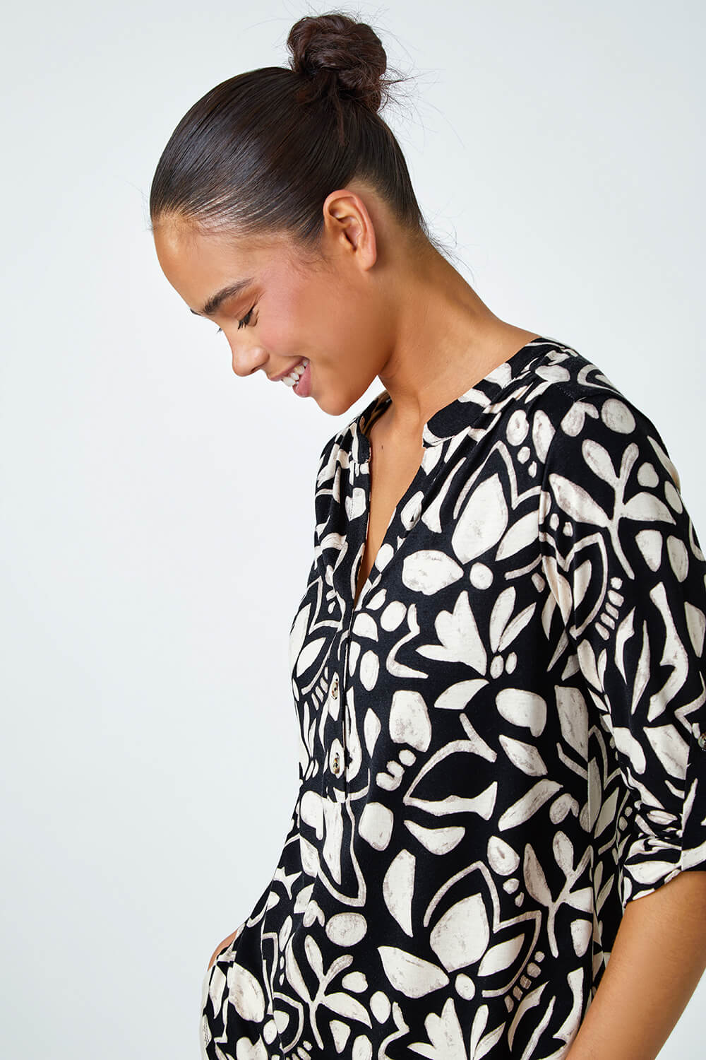 Black Petite Floral Stretch Button Detail Shirt, Image 1 of 5