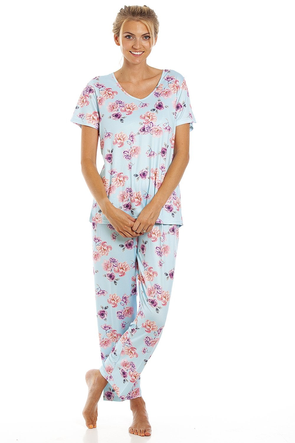 Light Blue Camille Lingerie Light Blue Lightweight Floral Print Pyjama Set, Image 1 of 5