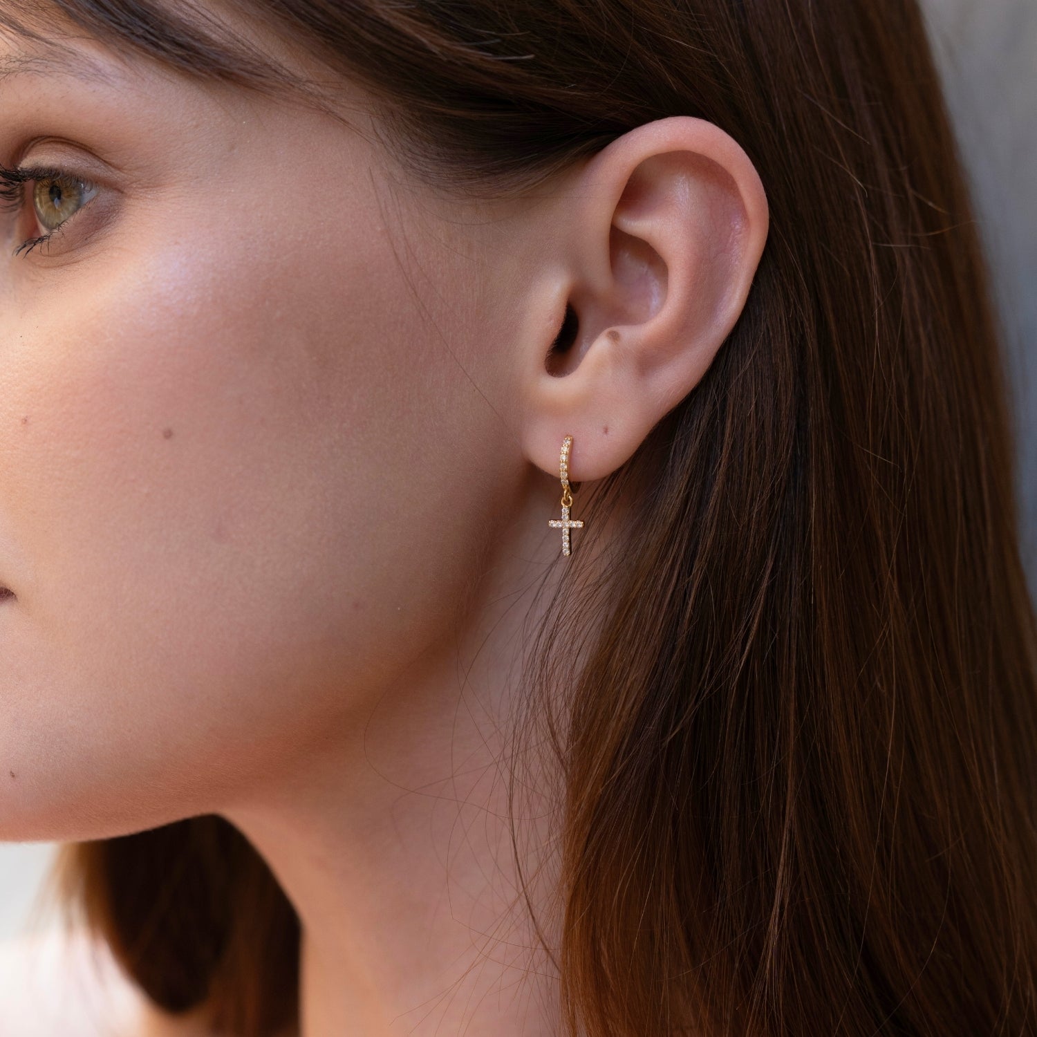 Gold Sterling Silver Huggie Pave Cross Drop Earring, Image 6 of 7