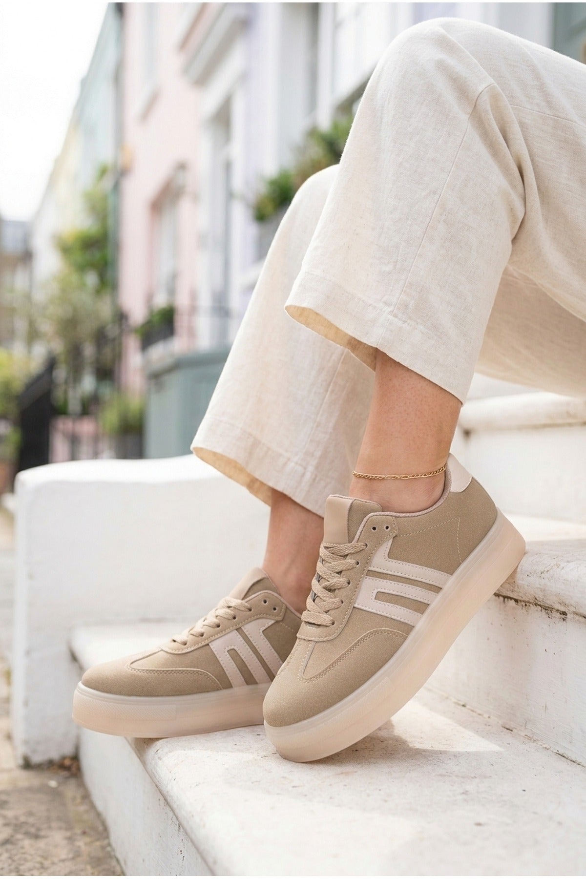 Beige iKrush Beige Genevieve Suede Effect Two Tone Trainers, Image 3 of 5