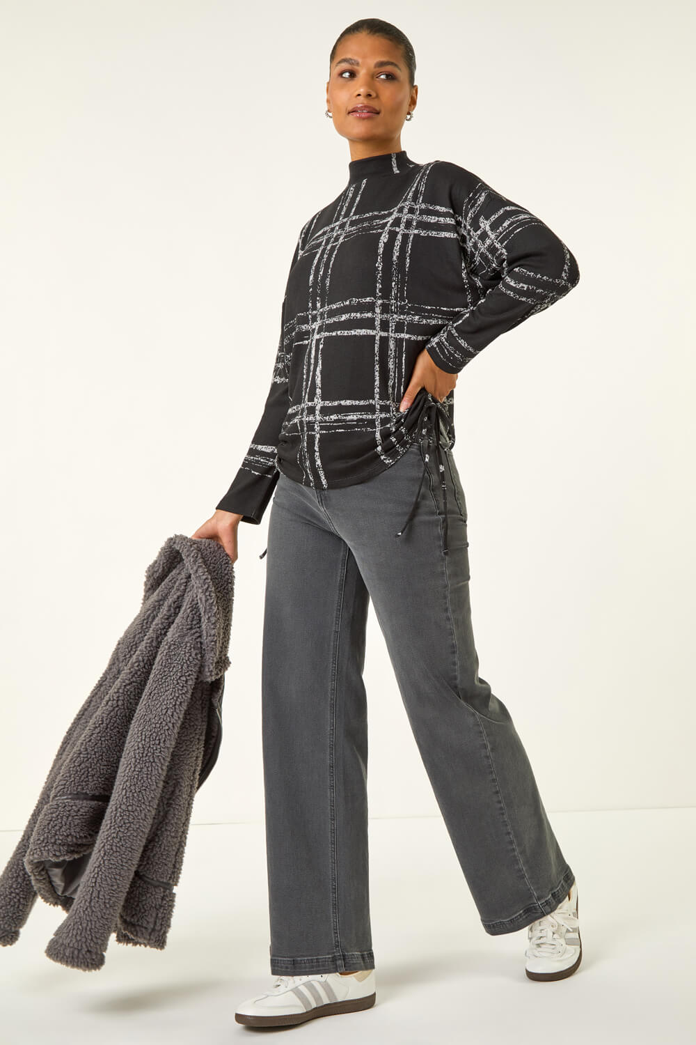 Black Plaid Print Side Tie Top, Image 3 of 5