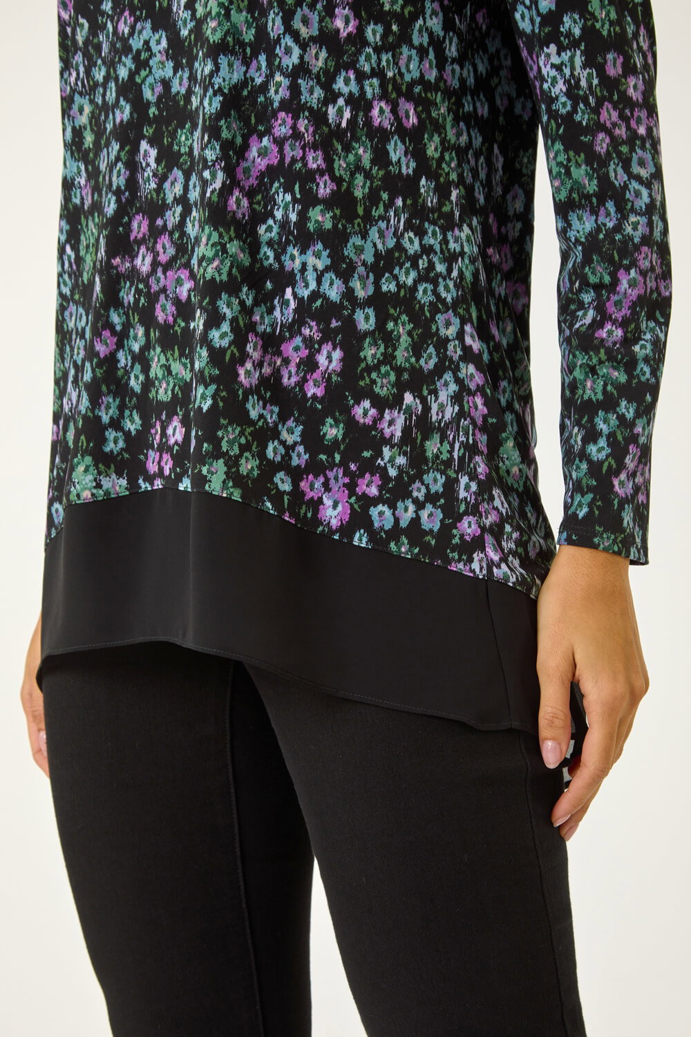 Black Floral Print V-Neck Tunic Top, Image 6 of 5