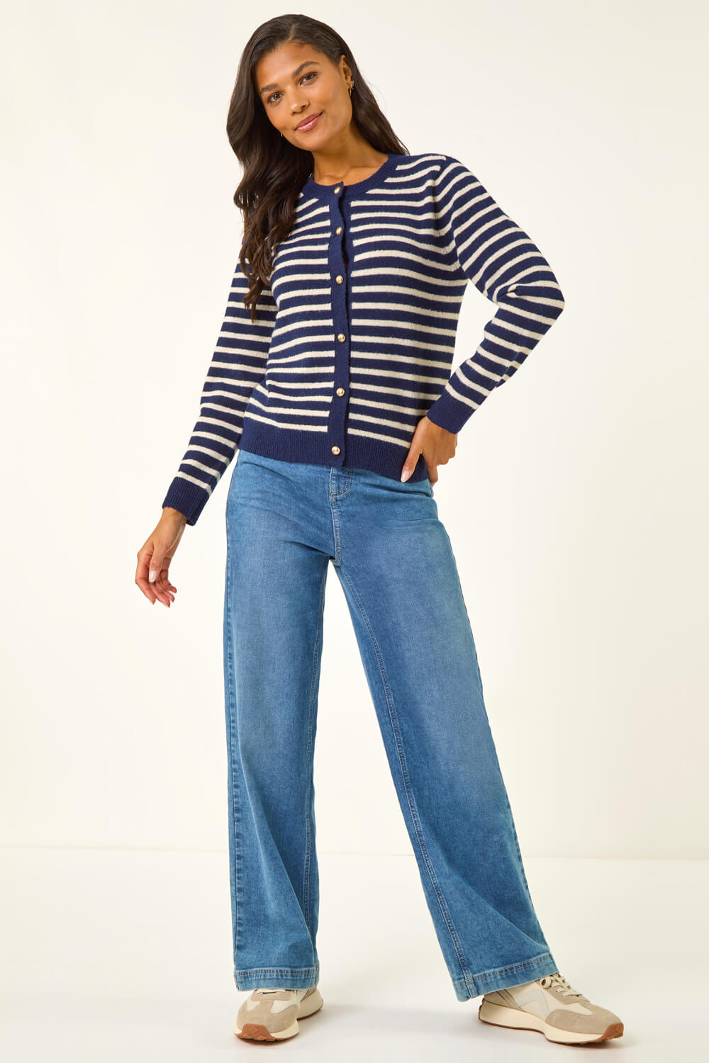 Navy Soft Stripe Button Knit Cardigan, Image 3 of 5