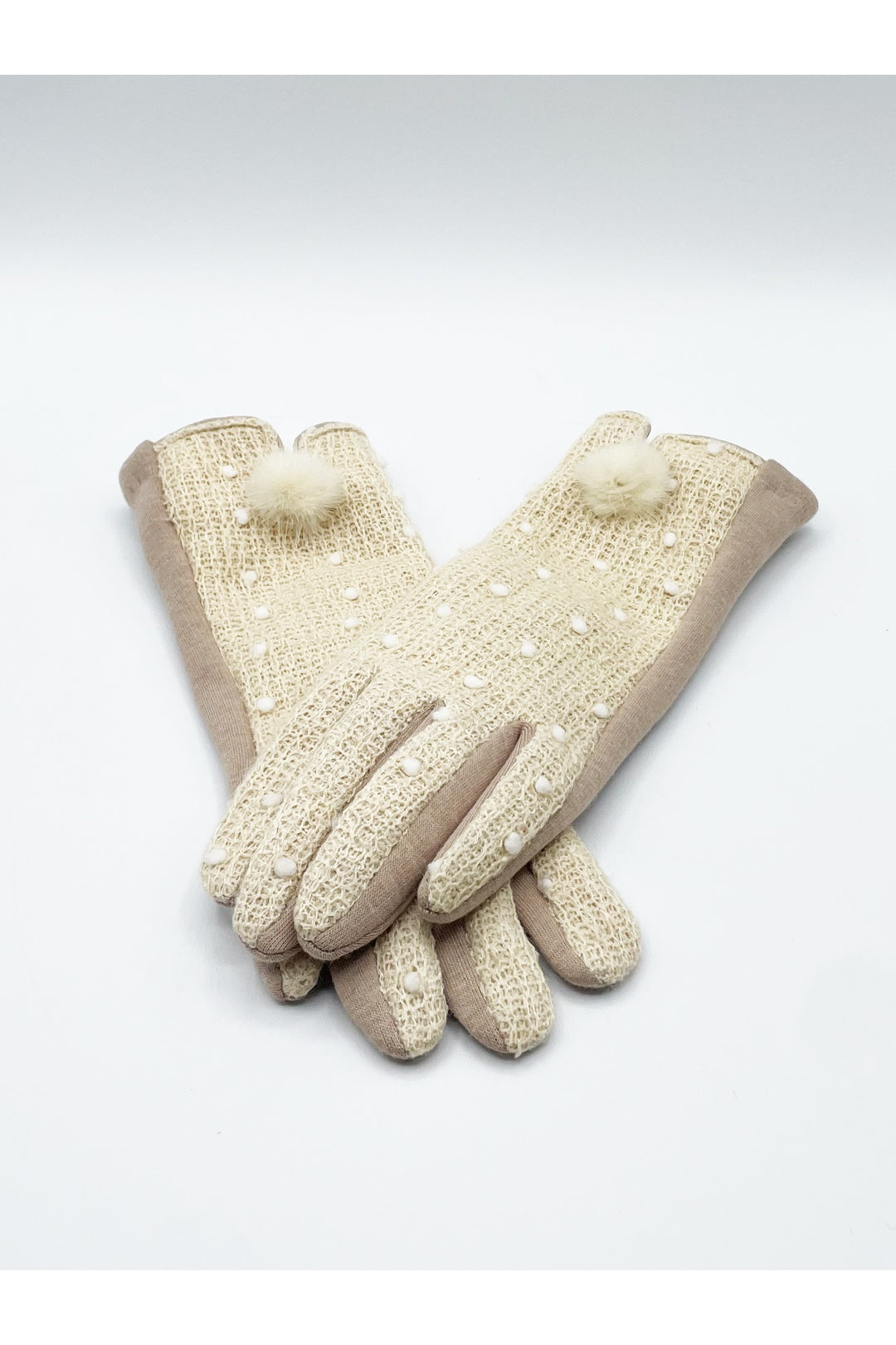 Beige Crochet Gloves With Pom Pom, Image 2 of 6