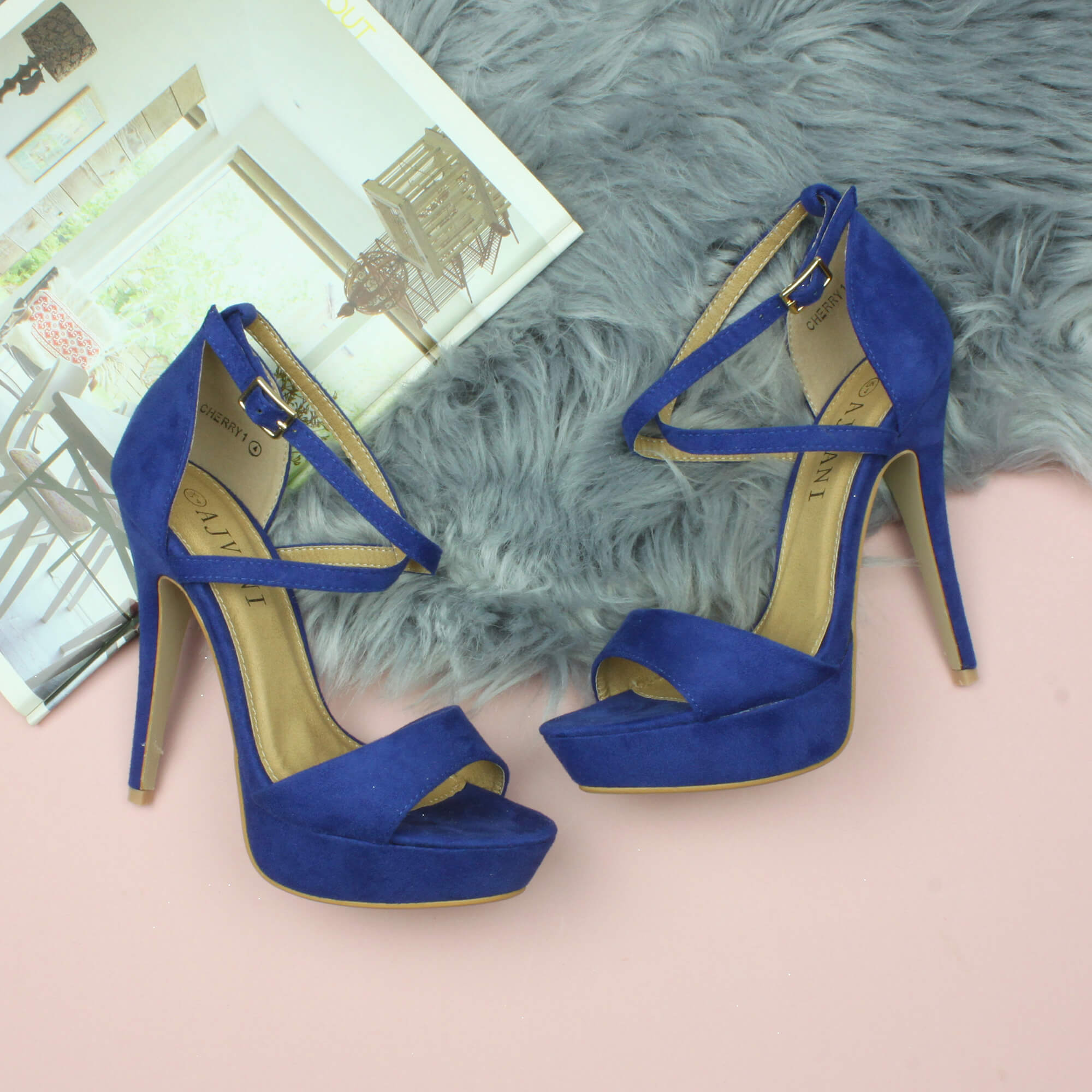 Royal Blue High Heel Crossed Straps Platform Sandals, Image 4 of 6