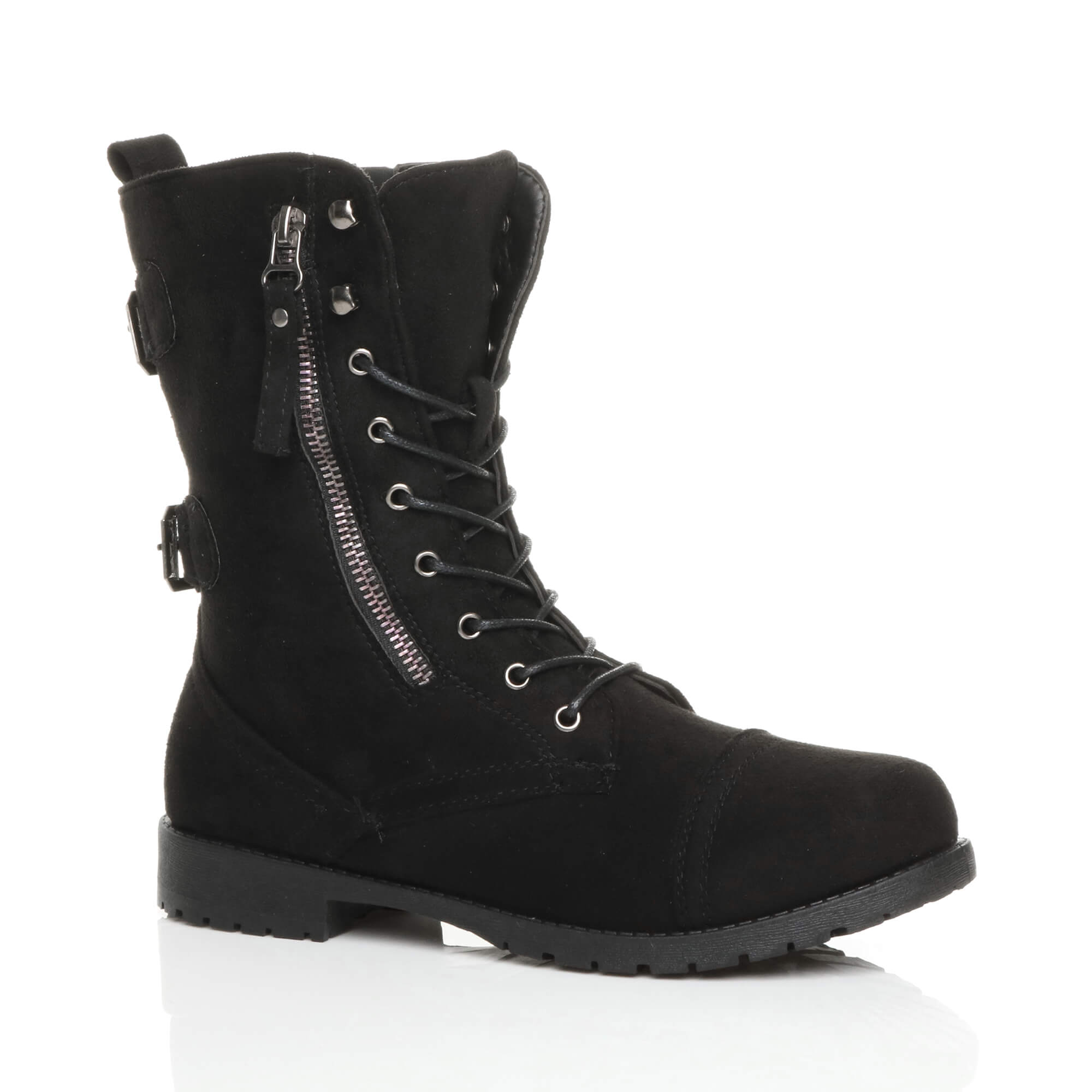 Black Lace Up Zips Military Biker Ankle Boots, Image 1 of 6