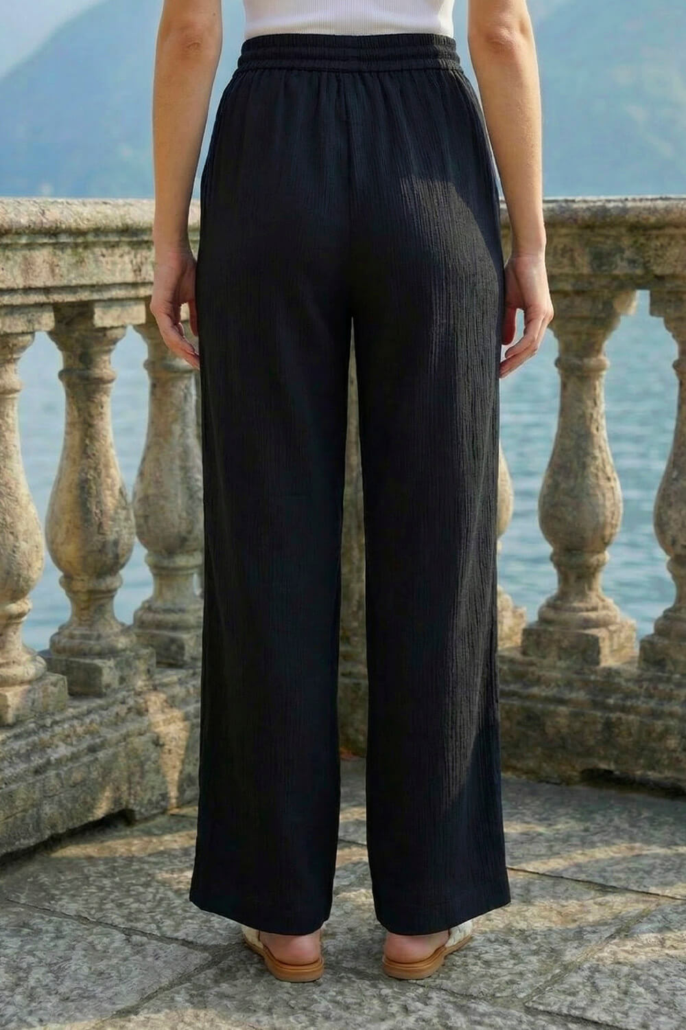 Black Textured Wide Leg Trouser, Image 4 of 4