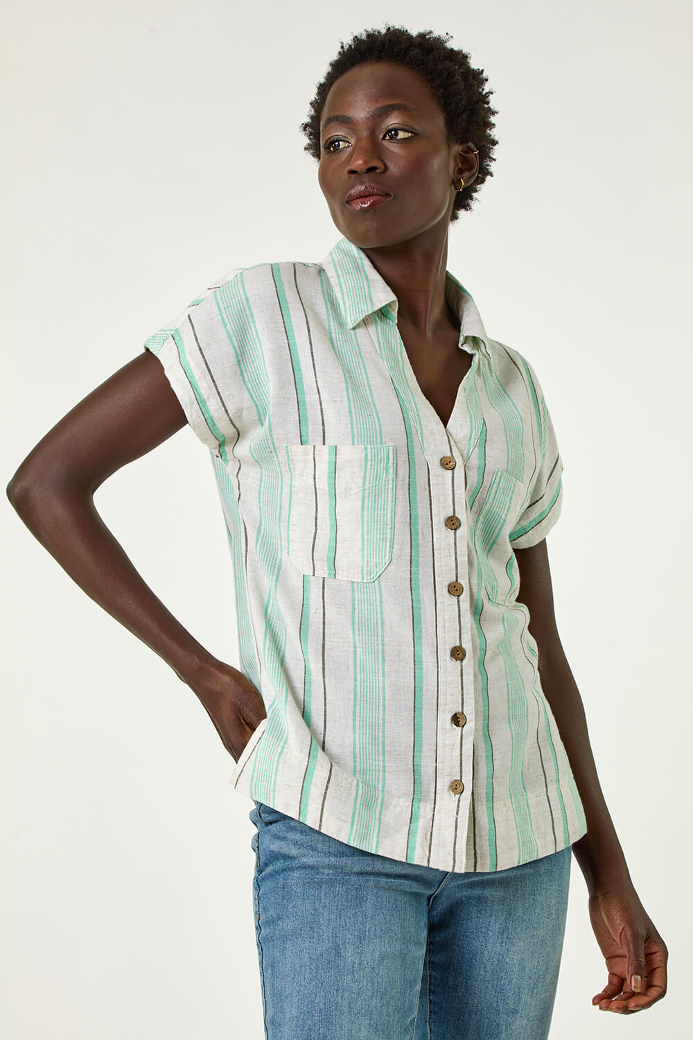Light Blue Stripe Short Sleeve Shirt, Image 1 of 5