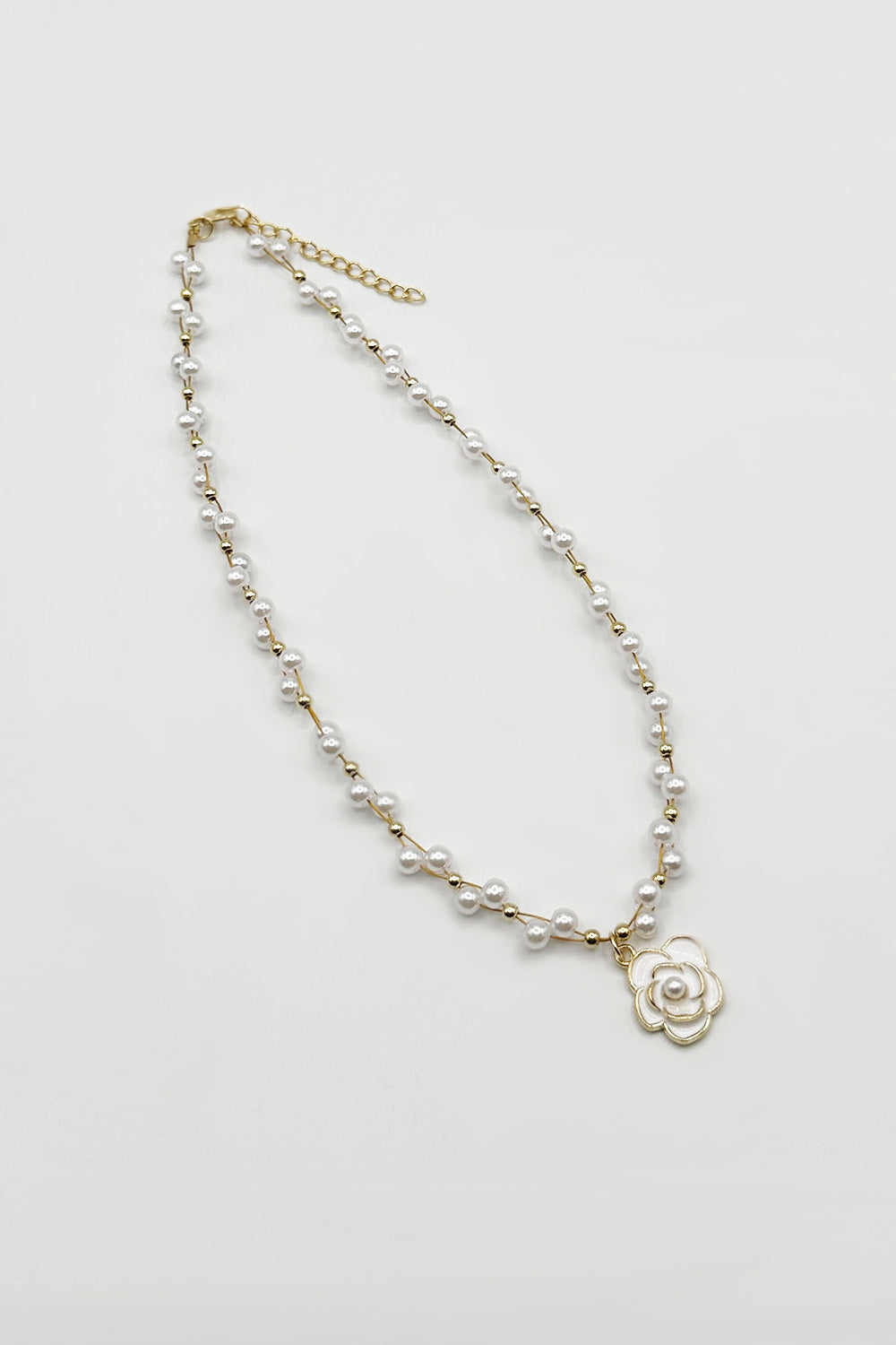 White Pearl Chain Necklace with Camellia Pendant, Image 3 of 6
