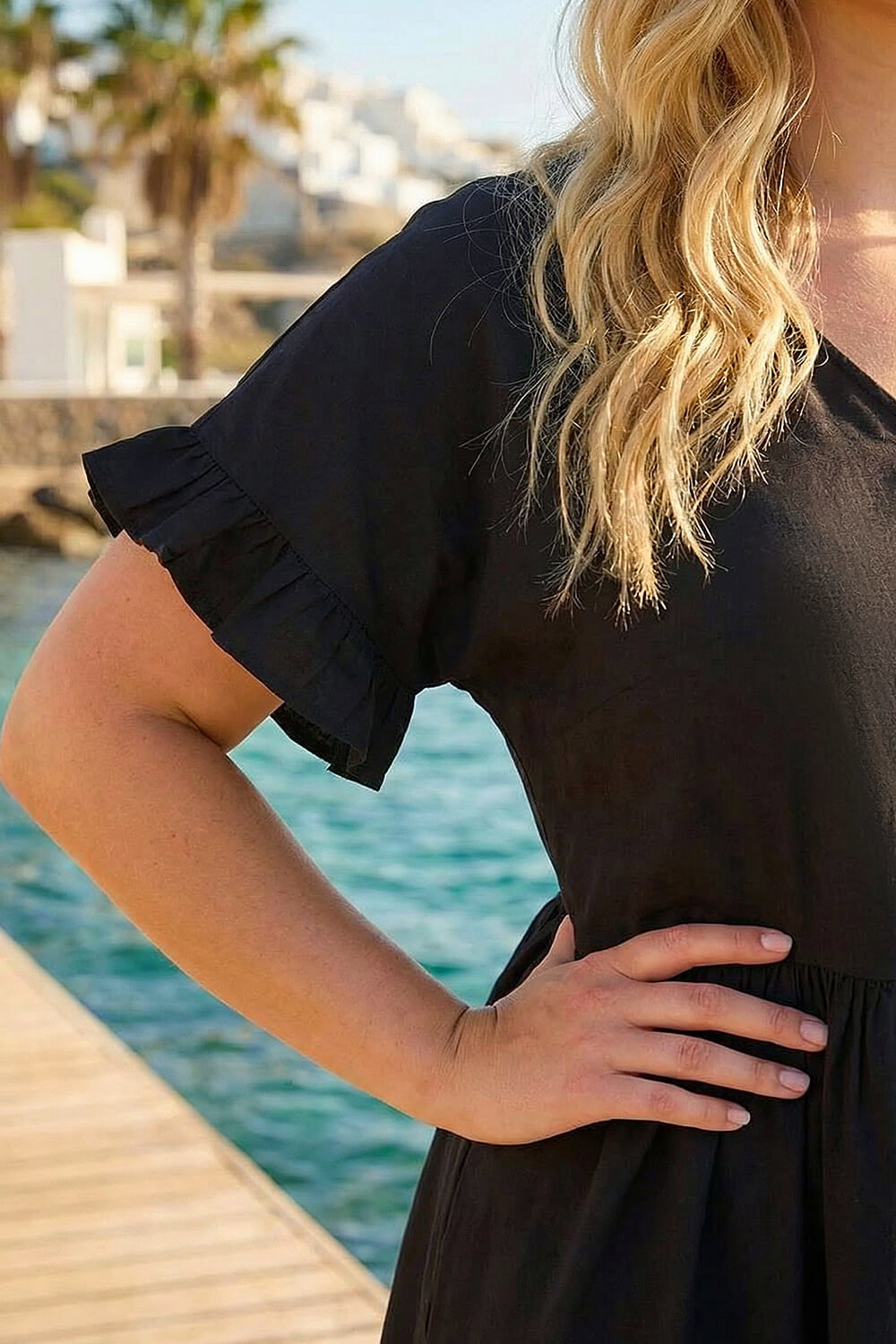 Black Curve Cotton V-Neck Frill Dress, Image 5 of 4
