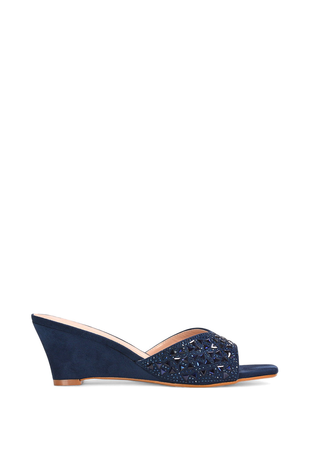 Black 'Georgia' Wedge Heel Diamante Square Peep Toe Heeled Mule Sandals