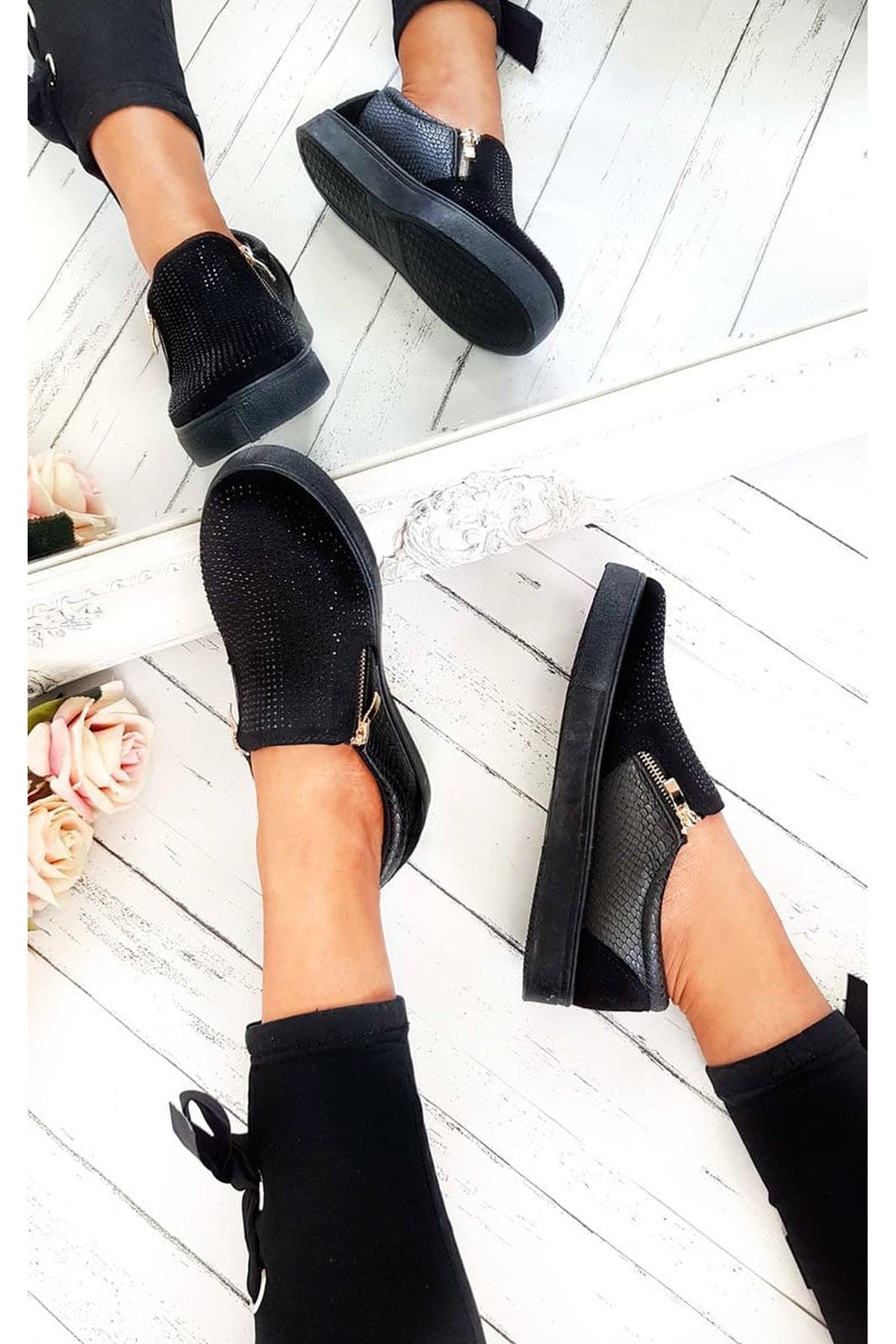 Black Leah Crystal Suede Zip Pumps Trainers, Image 2 of 6