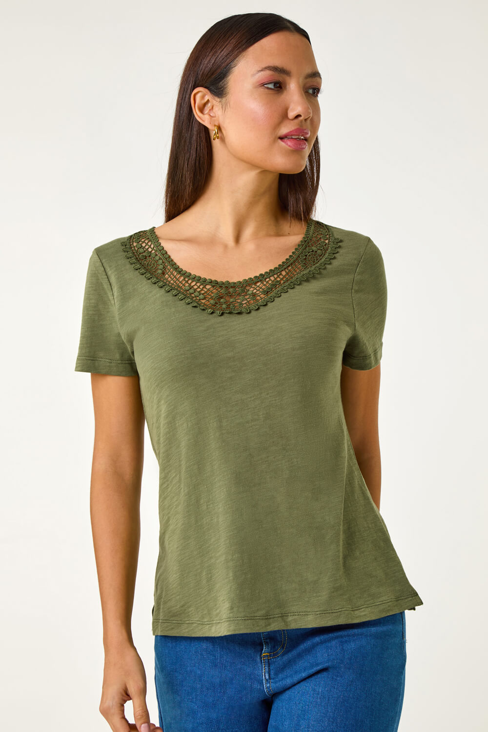KHAKI Lace Neck Trim Stretch Top, Image 5 of 5