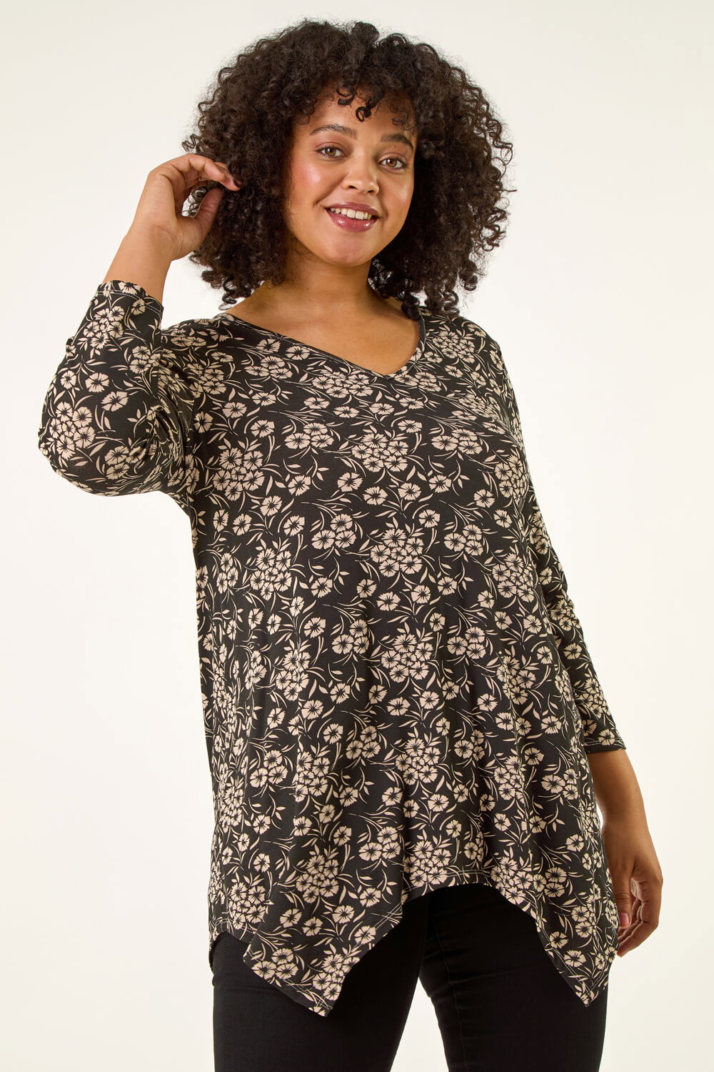 Black Curve Floral V-Neck Stretch Top, Image 1 of 5
