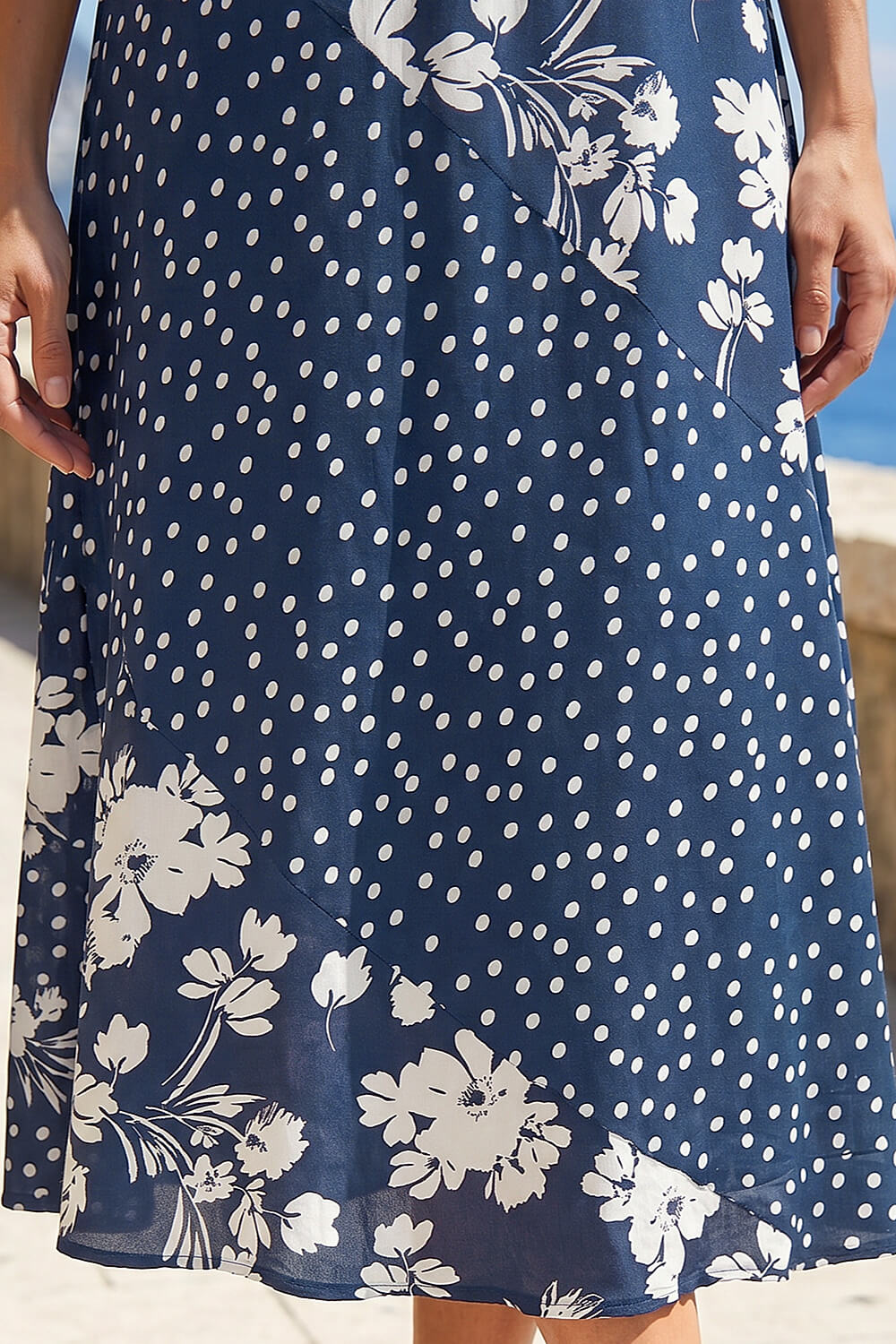 Blue Mixed Floral Spot Print A Line Midi Skirt, Image 5 of 4