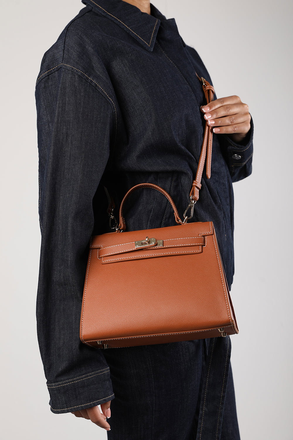 Tan Lluvia Top Handle Satchel Mini Tote Bag With Turn-Lock Closure, Image 8 of 8