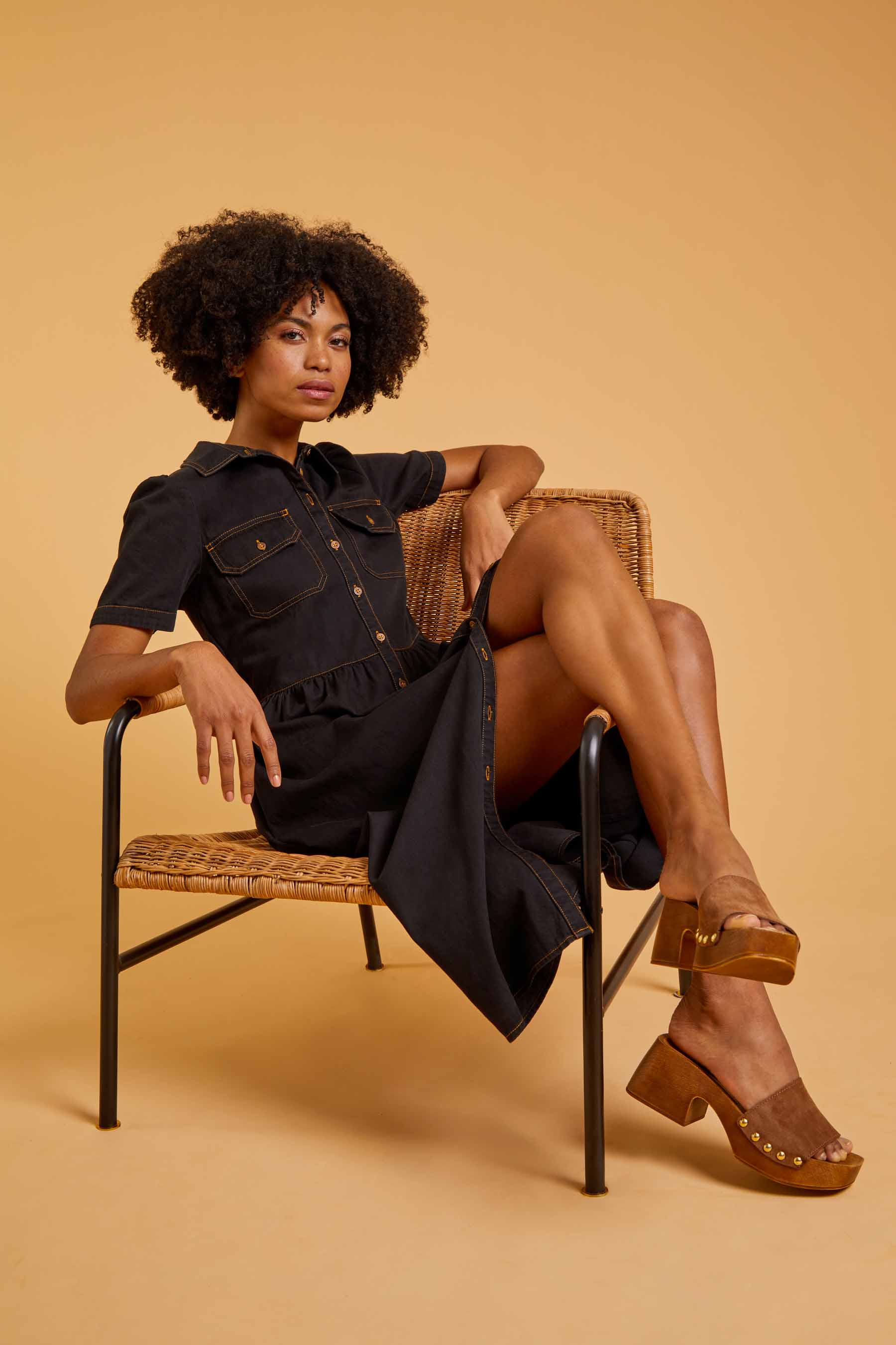 Black Denim Midi Shirt Dress, Image 3 of 6