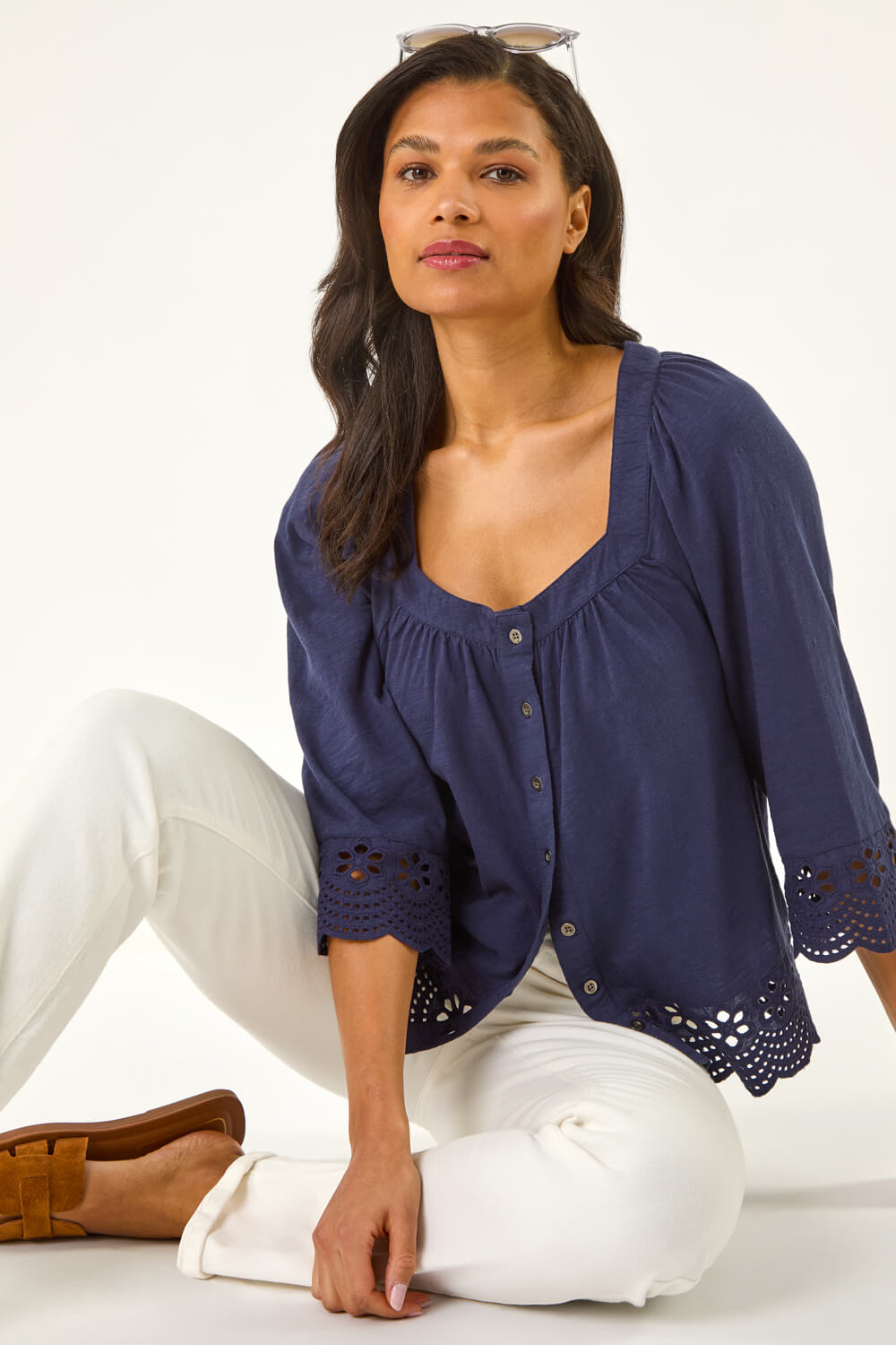 Navy Button Up Broderie Stretch Blouse, Image 1 of 5