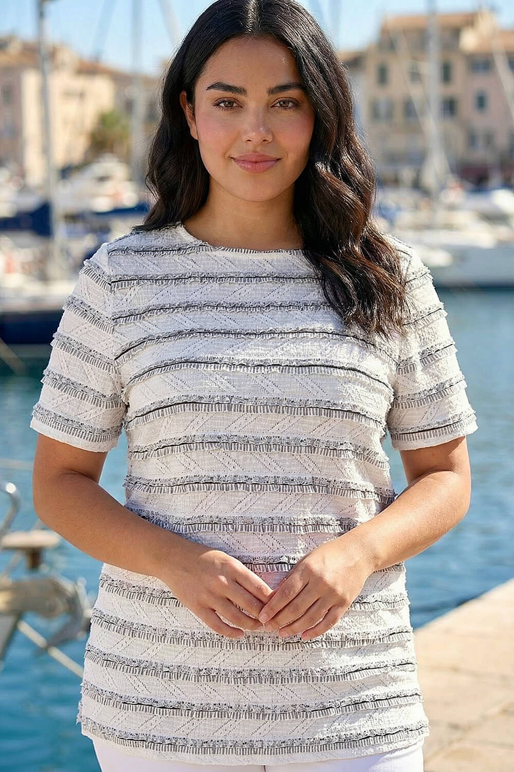 Ivory Curve Stripe Frill Lace Top, Image 3 of 4