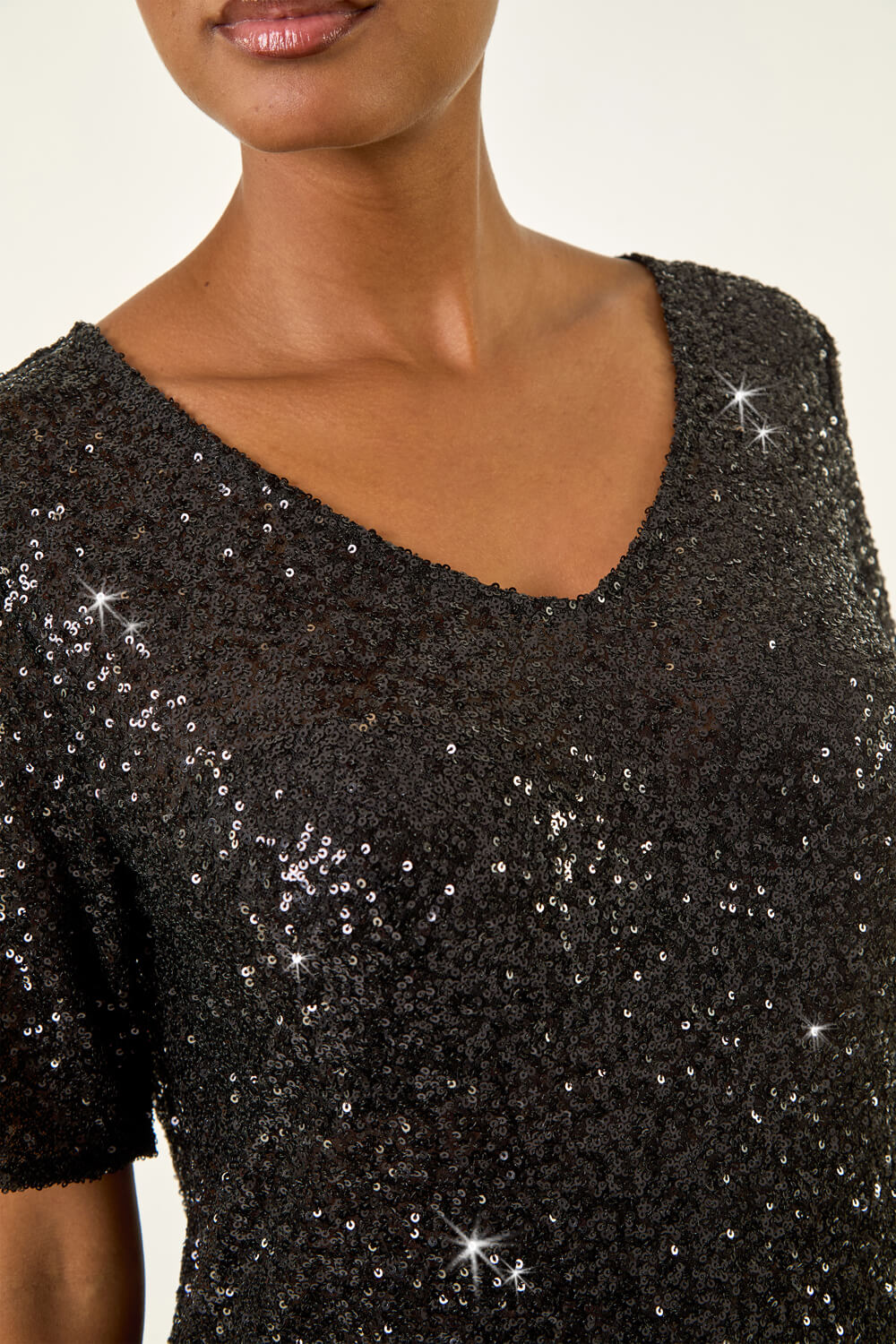 Black Sequin Embellished V-Neck Top, Image 6 of 5