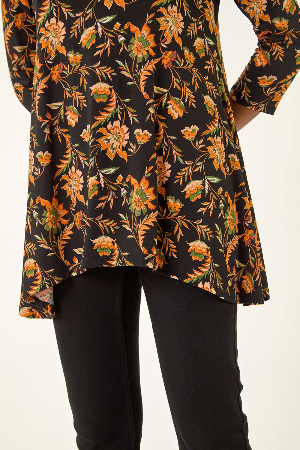 Orange Floral Print Hanky Hem Stretch Top, Image 6 of 5