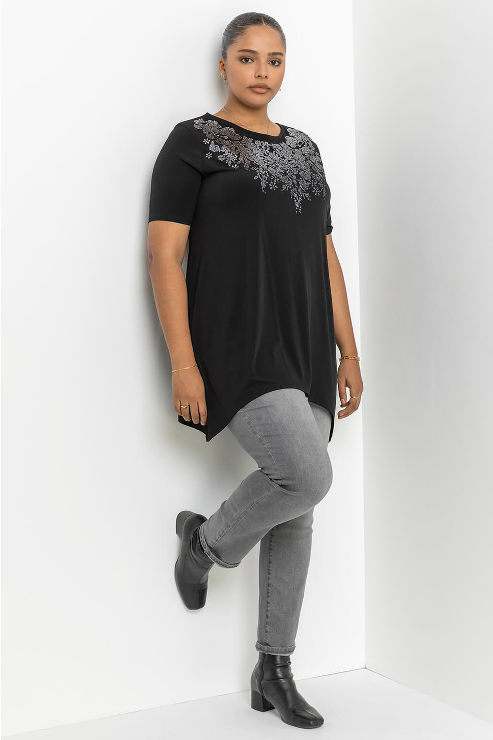 Silver Curve Shimmer Bead Embellished T-Shirt, Image 4 of 4