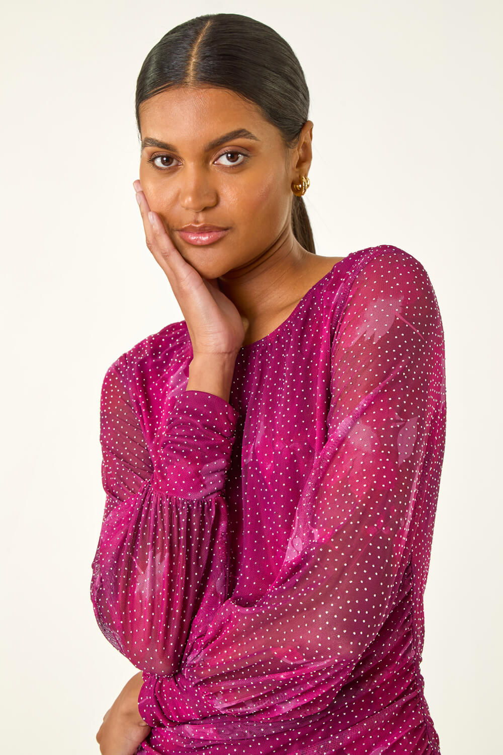 PINK Printed Stud Mesh Stretch Top, Image 1 of 6