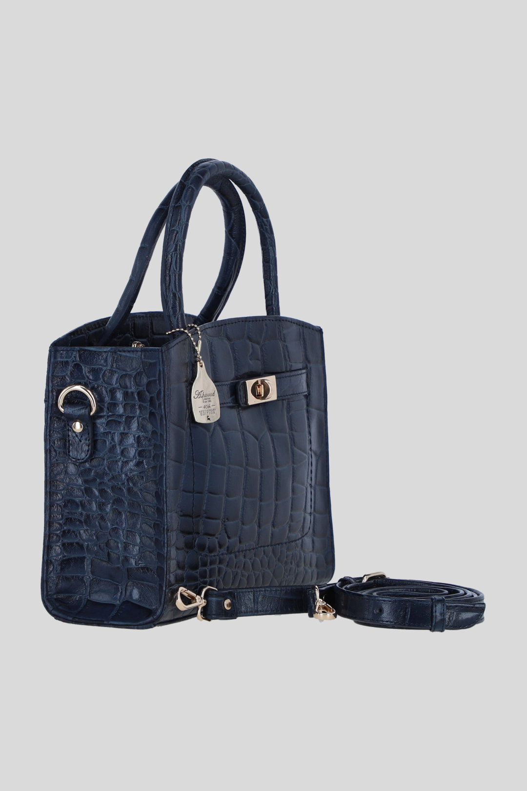 Navy Genuine Leather Structured Handbag with Detachable Crossbody Strap, Image 4 of 4