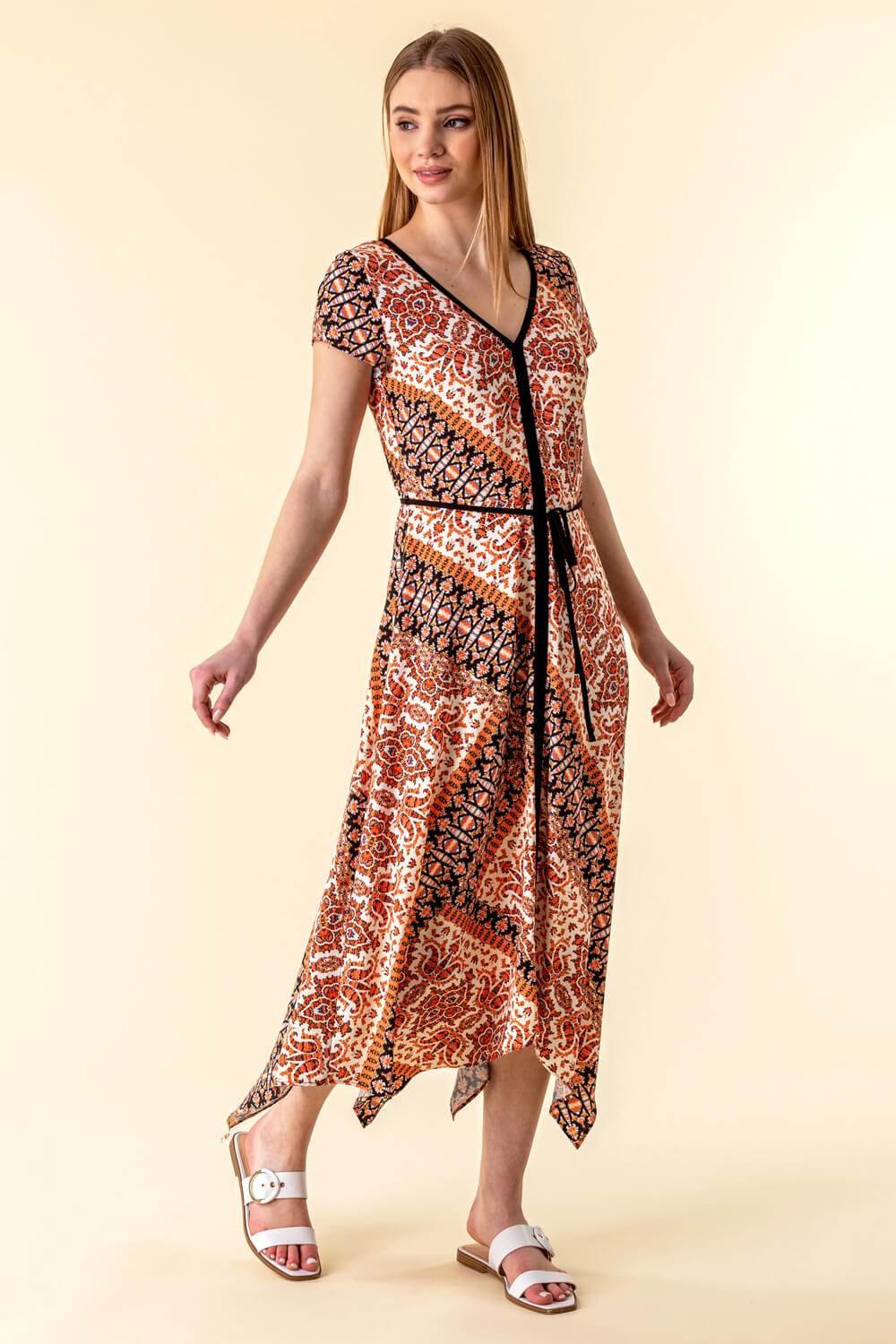 Orange Geo Contrast Print Hanky Hem Dress, Image 1 of 4