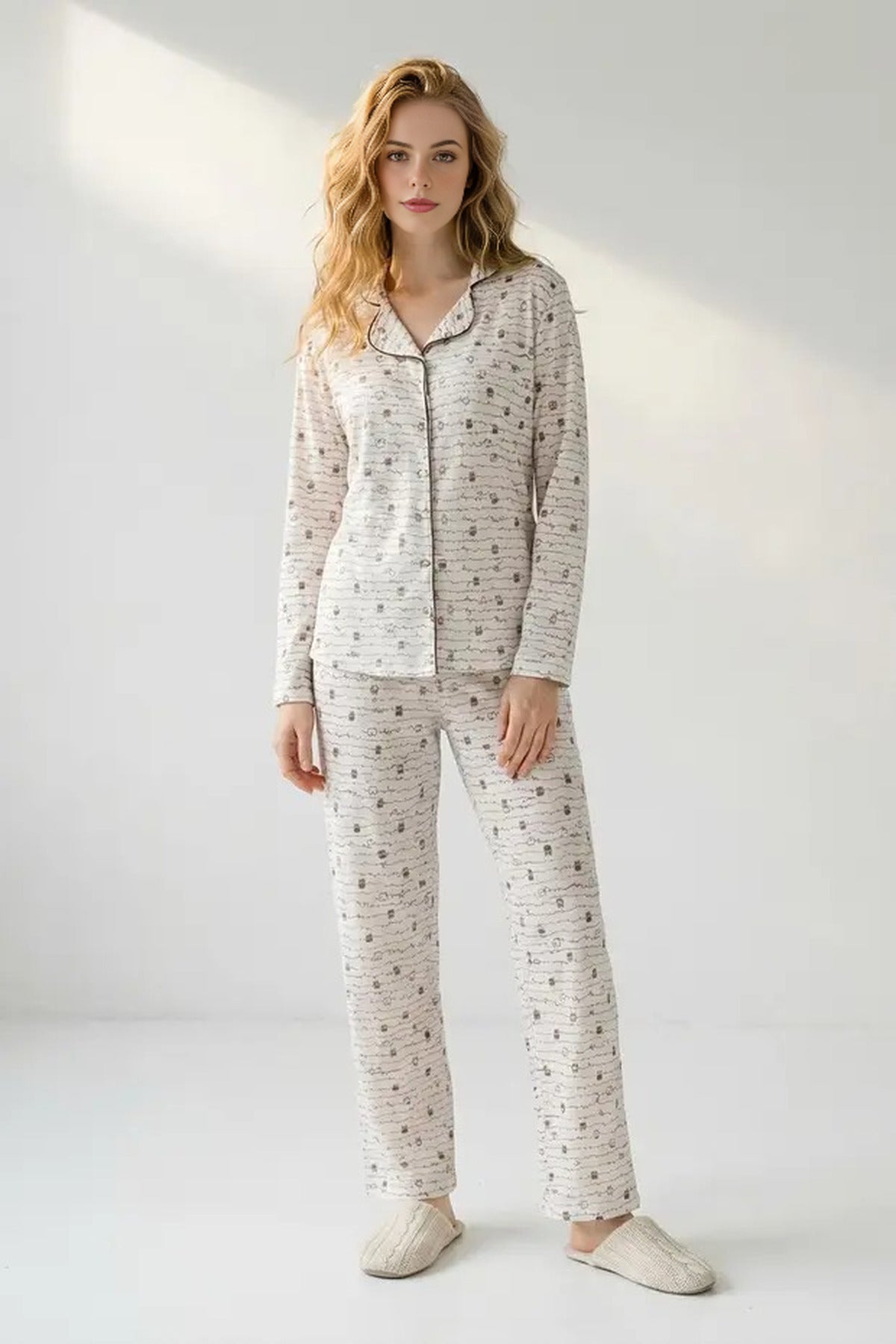Multi Animal Print Piped Revere Collar Long Sleeve Pyjama Set, Image 1 of 3