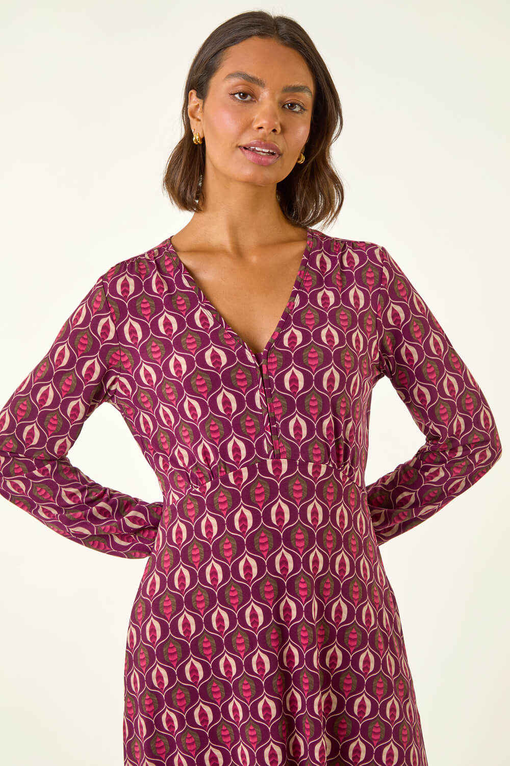 Red Geo Print V-Neck Stretch Midi Dress, Image 5 of 5
