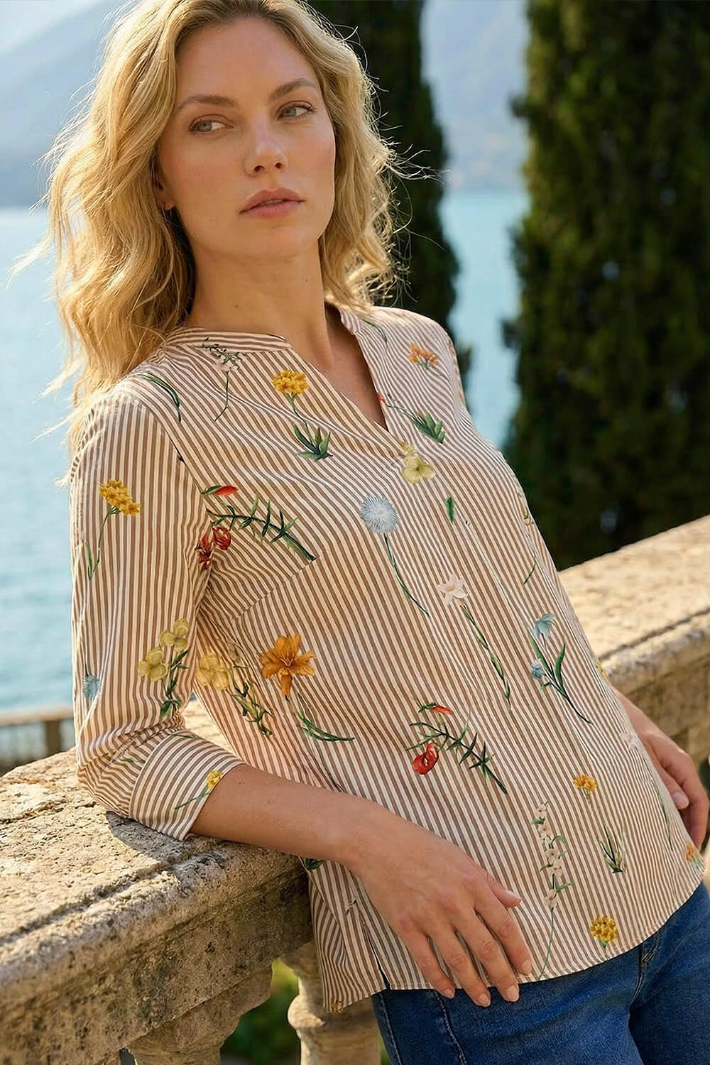 Taupe Floral Stripe Pleated Top, Image 1 of 4
