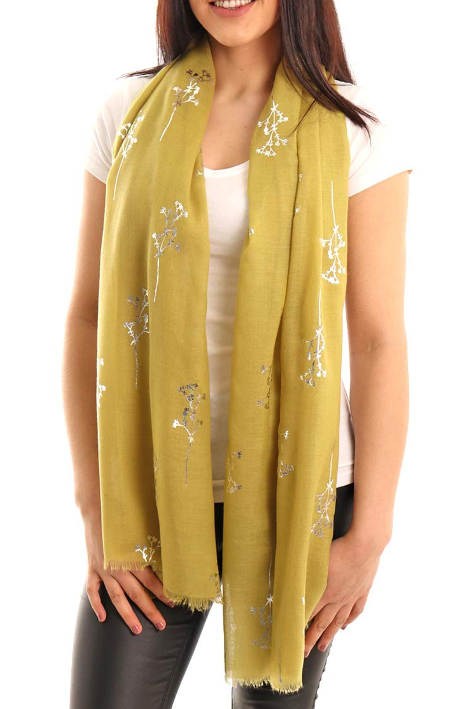 Mustard Silver Foil Floral Sprig Lightweight Scarf, Image 1 of 3