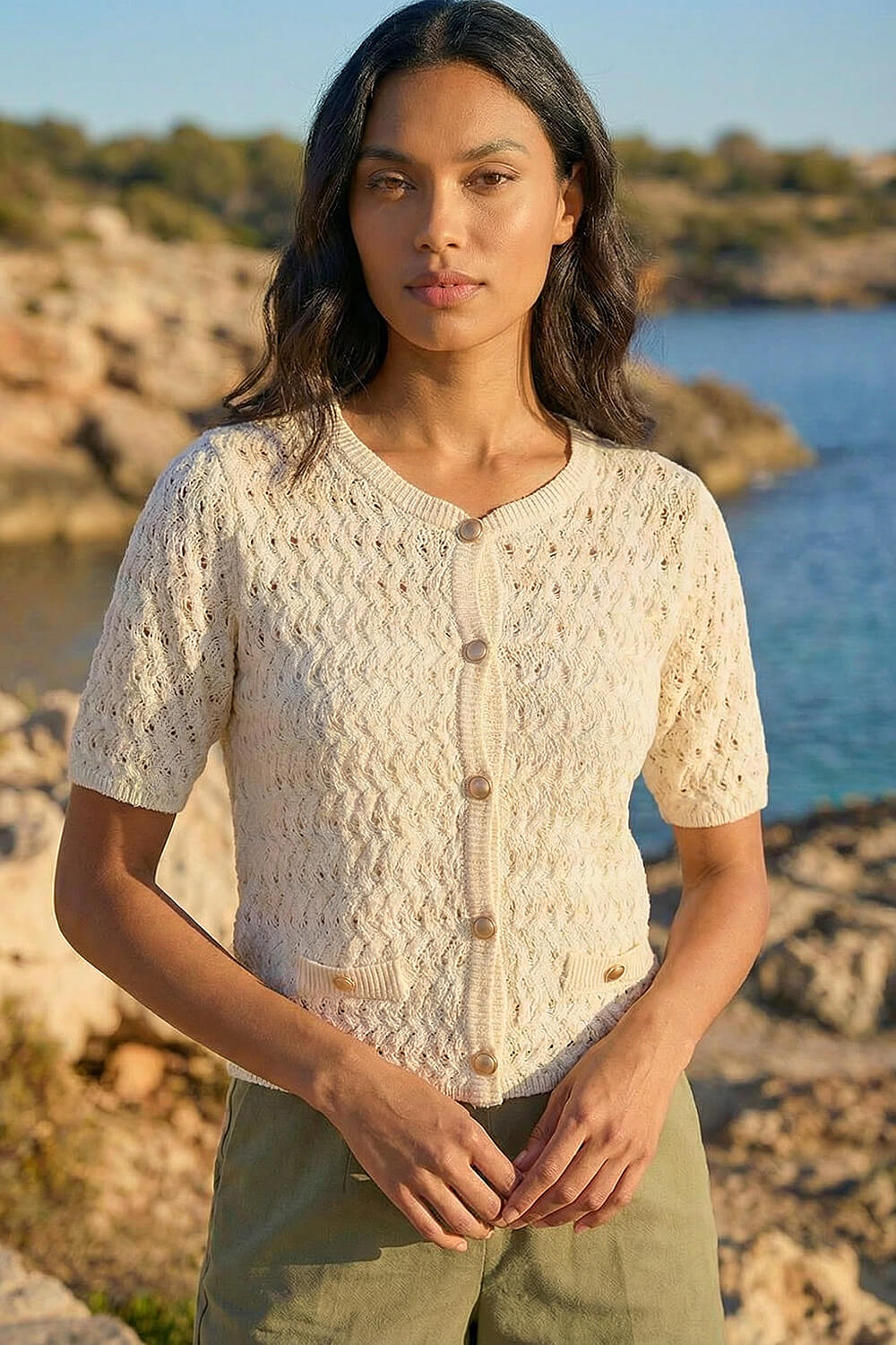 Ivory Pointelle V-Neck Knit Cardigan, Image 4 of 4