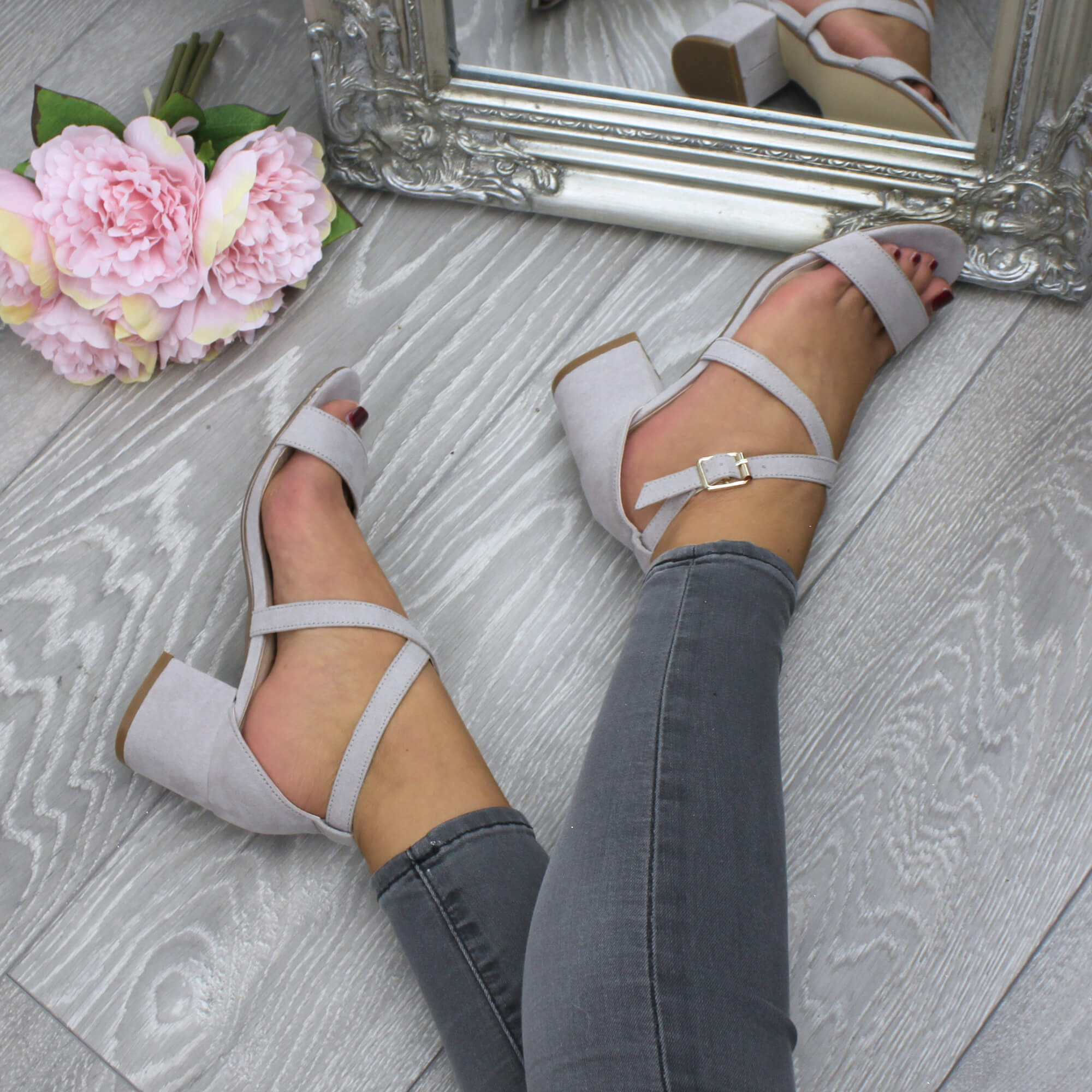 Grey AJVANI Grey Mid Block Heel Crossed Straps Sandals, Image 5 of 6