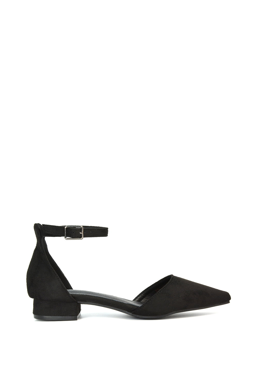 Black 'Jenny' Low Heel Flat Pointed Toe Ankle Strap Court Shoes