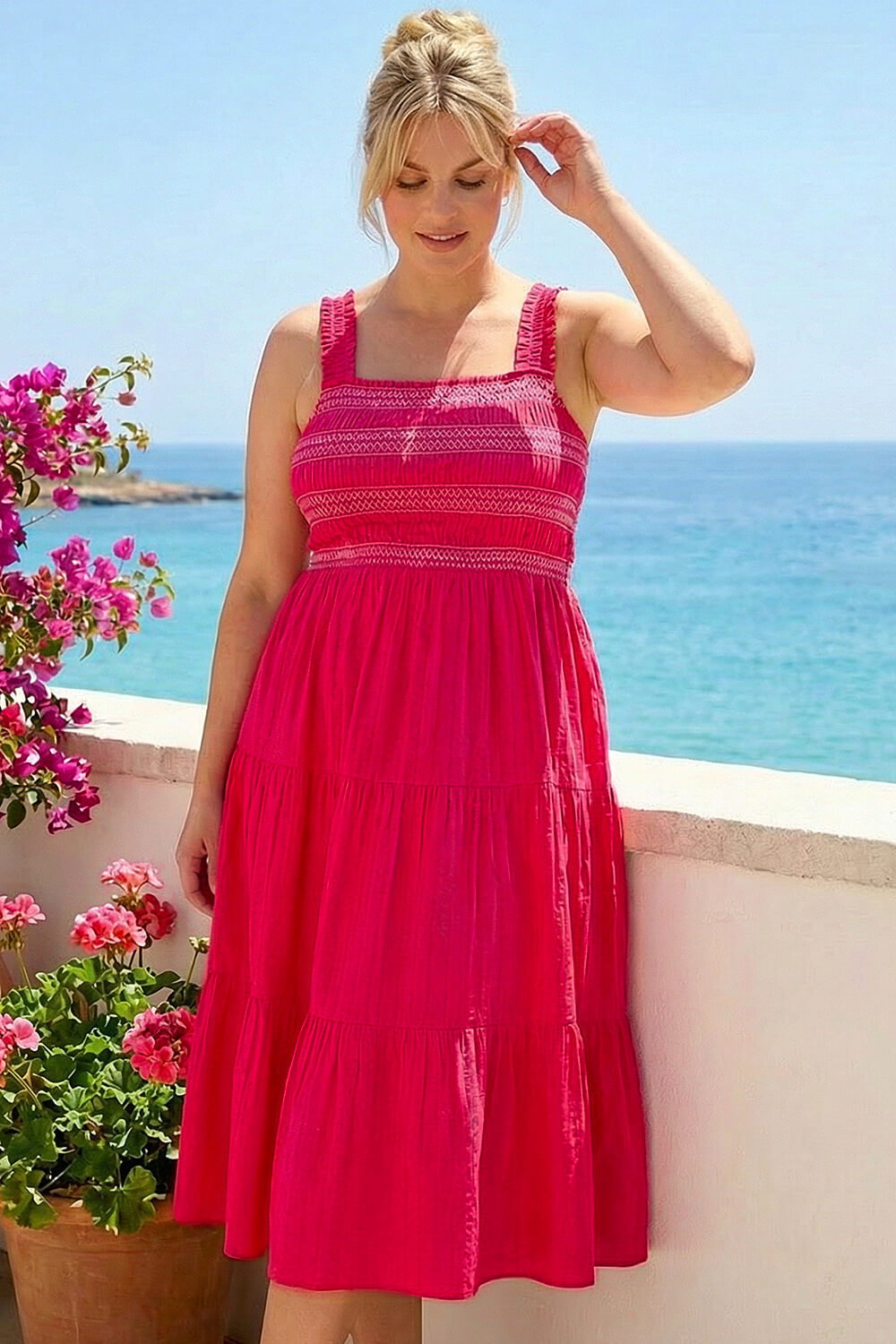 Pink Curve Strappy Shirred Midi Dress, Image 4 of 4