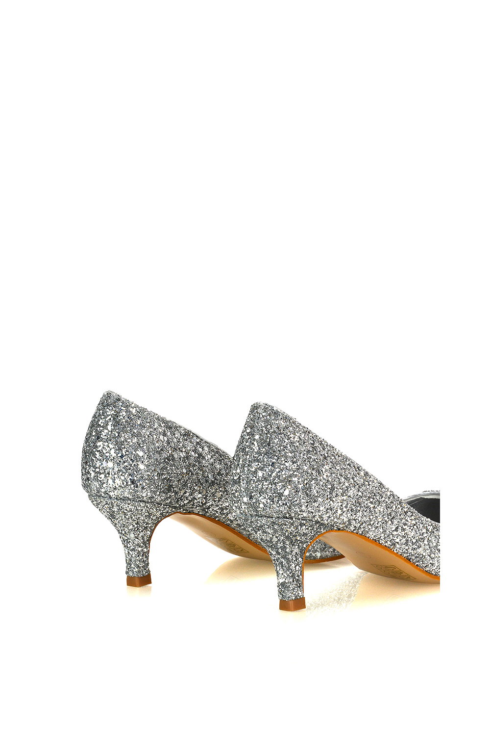 Silver XY LONDON Silver 'Gwyneth' Pointed Toe Mid Stiletto Kitten Heel Court Shoes, Image 3 of 4
