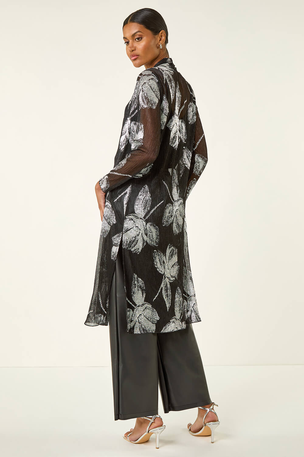 Silver Foil Leaf Print Plisse Kimono, Image 4 of 5