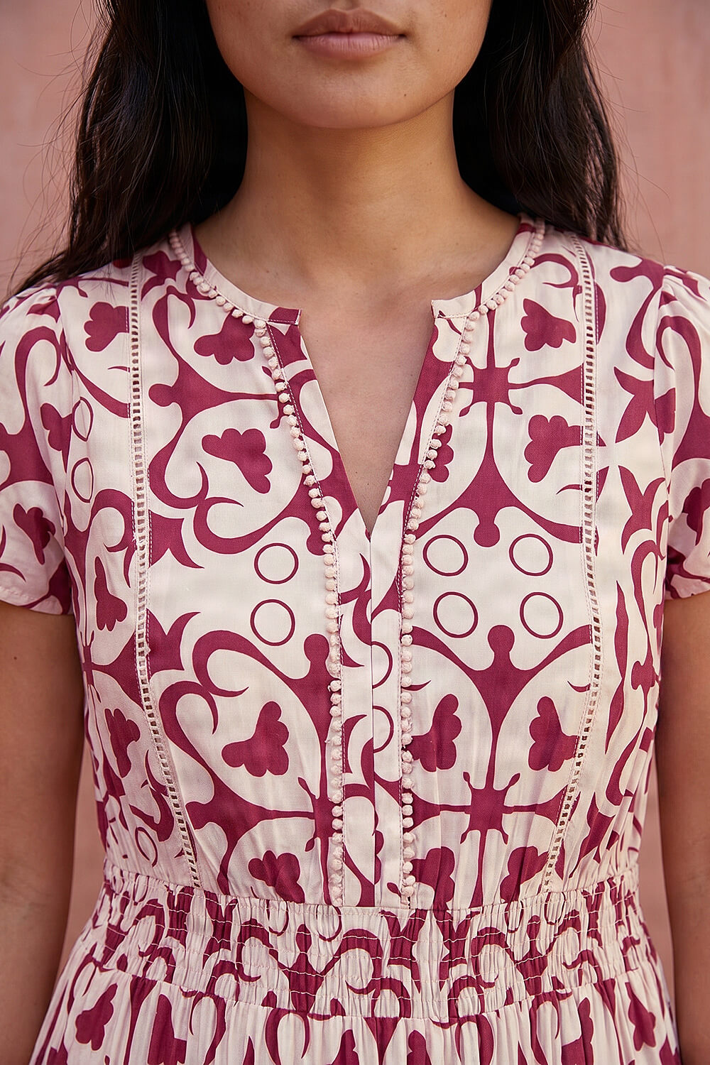 Wine Petite Print Elasticated Waist Midi Dress , Image 5 of 4