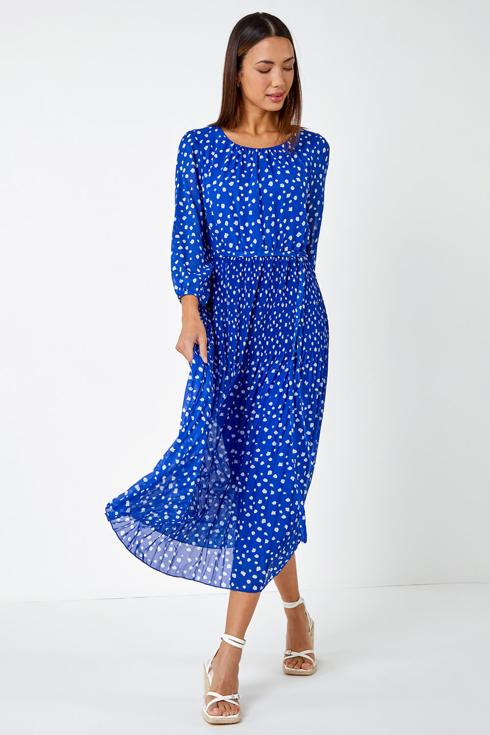 Royal Blue Spot Print Pleated Midi Dress, Image 4 of 6