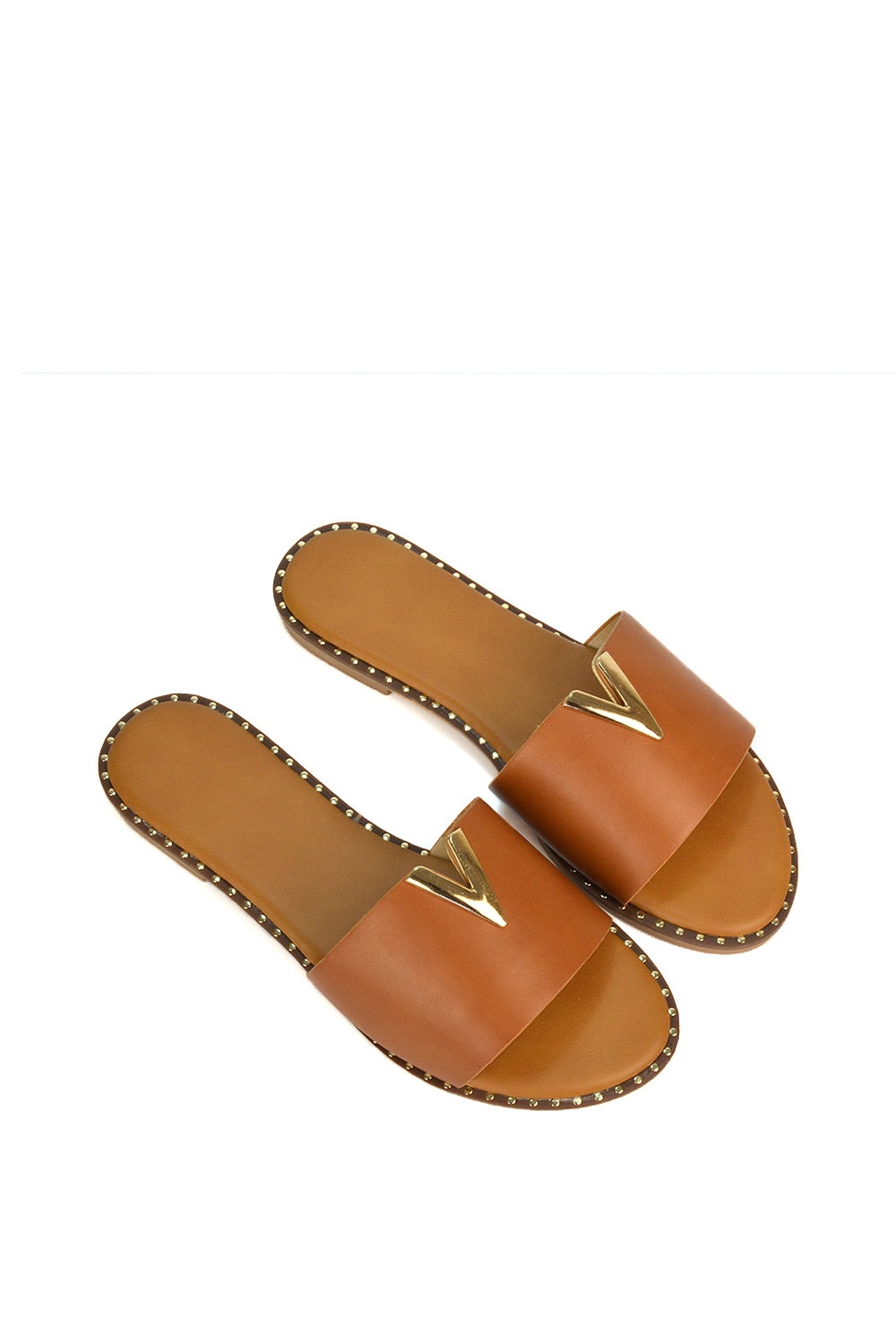 Tan XY LONDON Tan 'Rorie' Slip On Cut Out Flat Sandal Sliders, Image 4 of 5