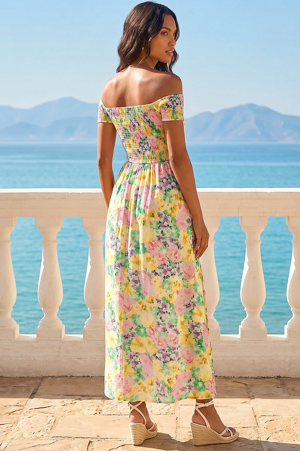 Yellow Floral Print Bardot Shirred Midi Dress, Image 4 of 4