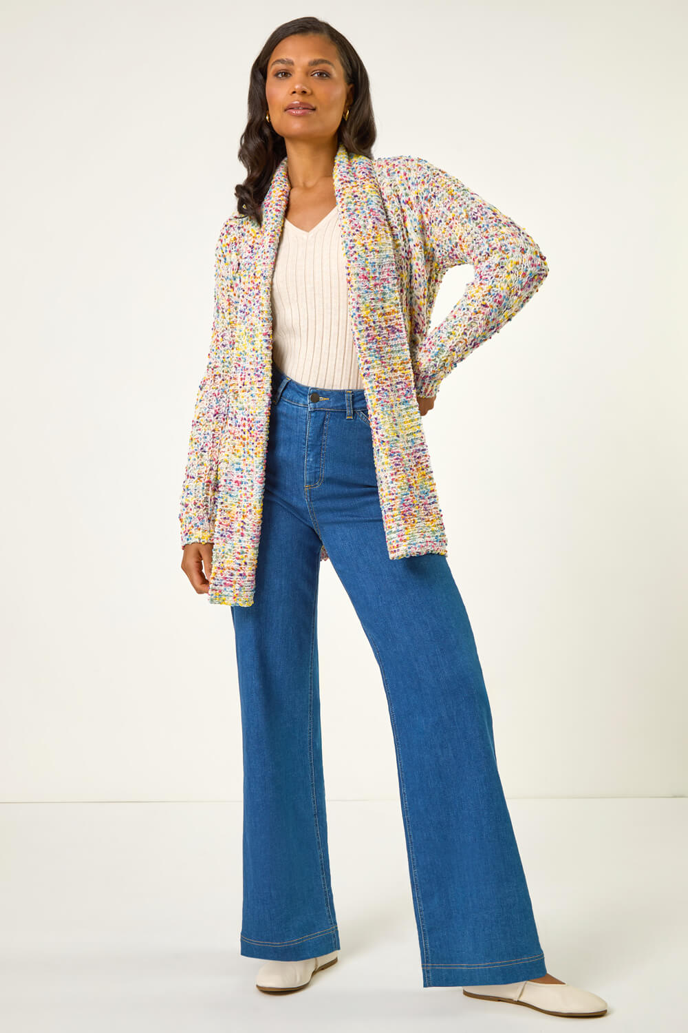 Ivory Soft Knit Nep Longline Cardigan | Roman UK