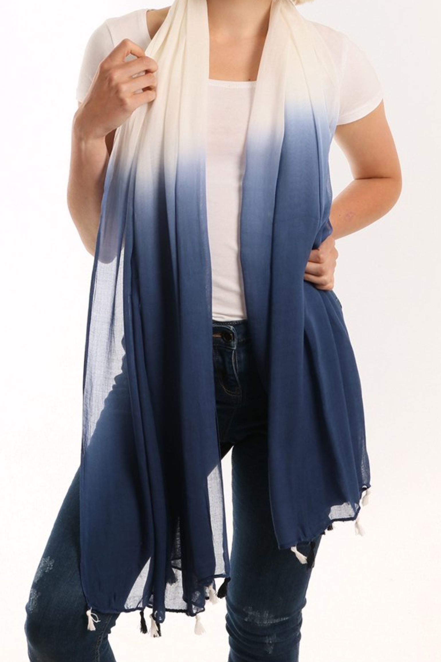 Navy Blue Tie Dye Tasselled Lightweight Scarf, Image 2 of 2