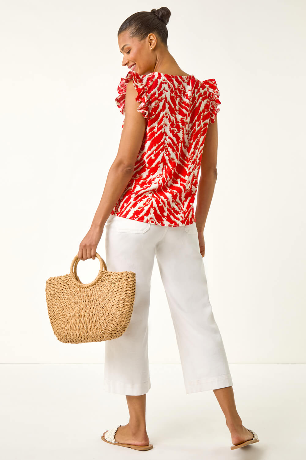 Red Printed Frill Sleeve Button Up Blouse, Image 4 of 5