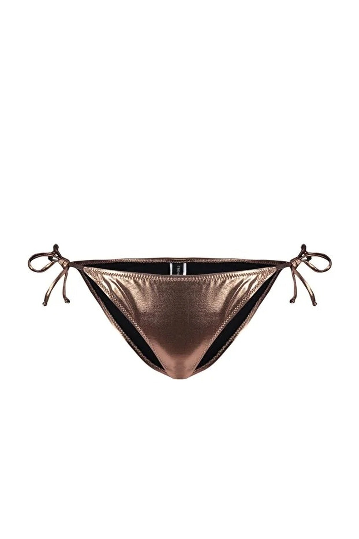 Bronze WOVCOR Bronze Metallic Finish Tie Side Low Waist Bikini Bottom with Adjustable Fit, Image 2 of 5