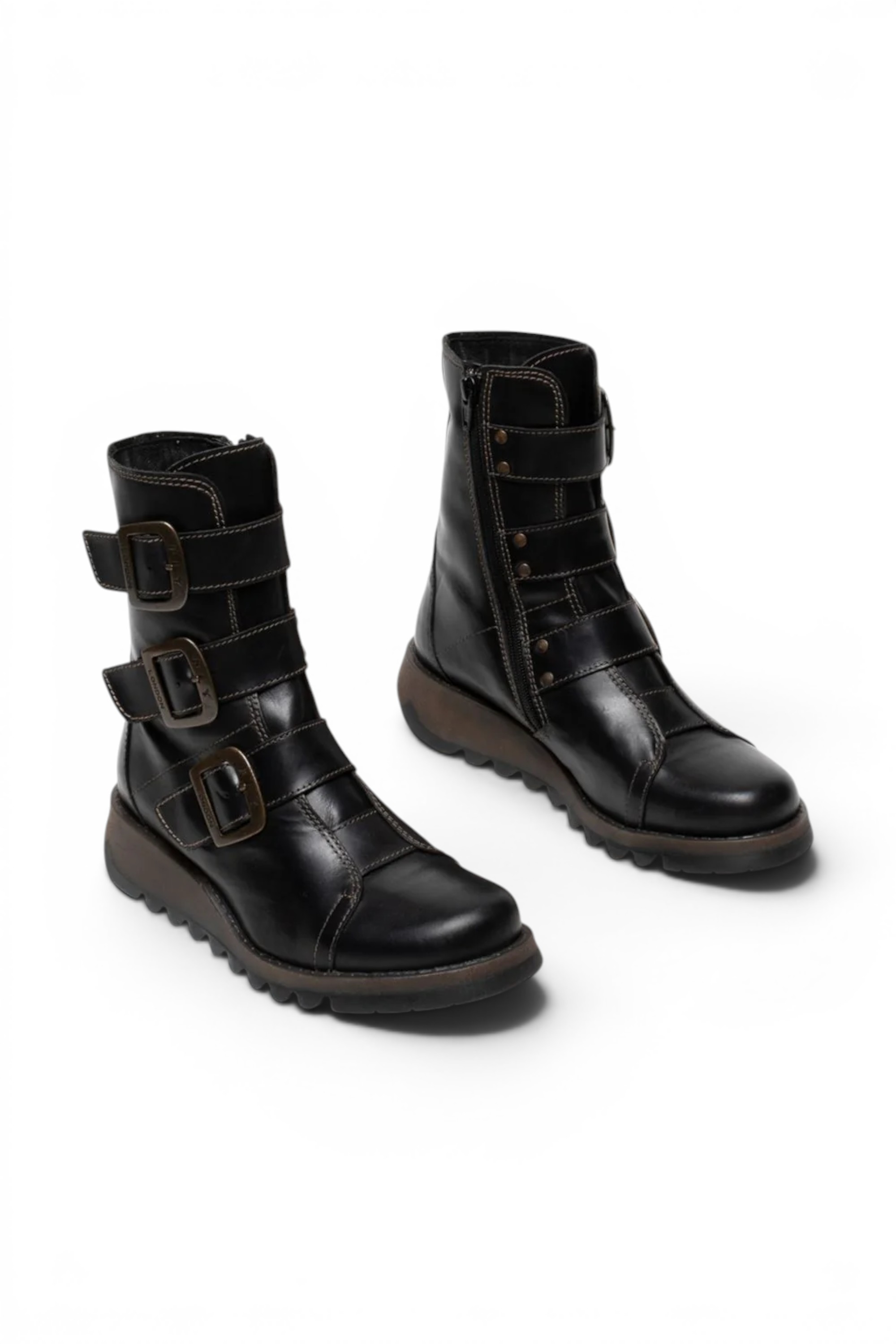 Black Womens Leather Ankle Biker Boots-SCOP110, Image 2 of 5