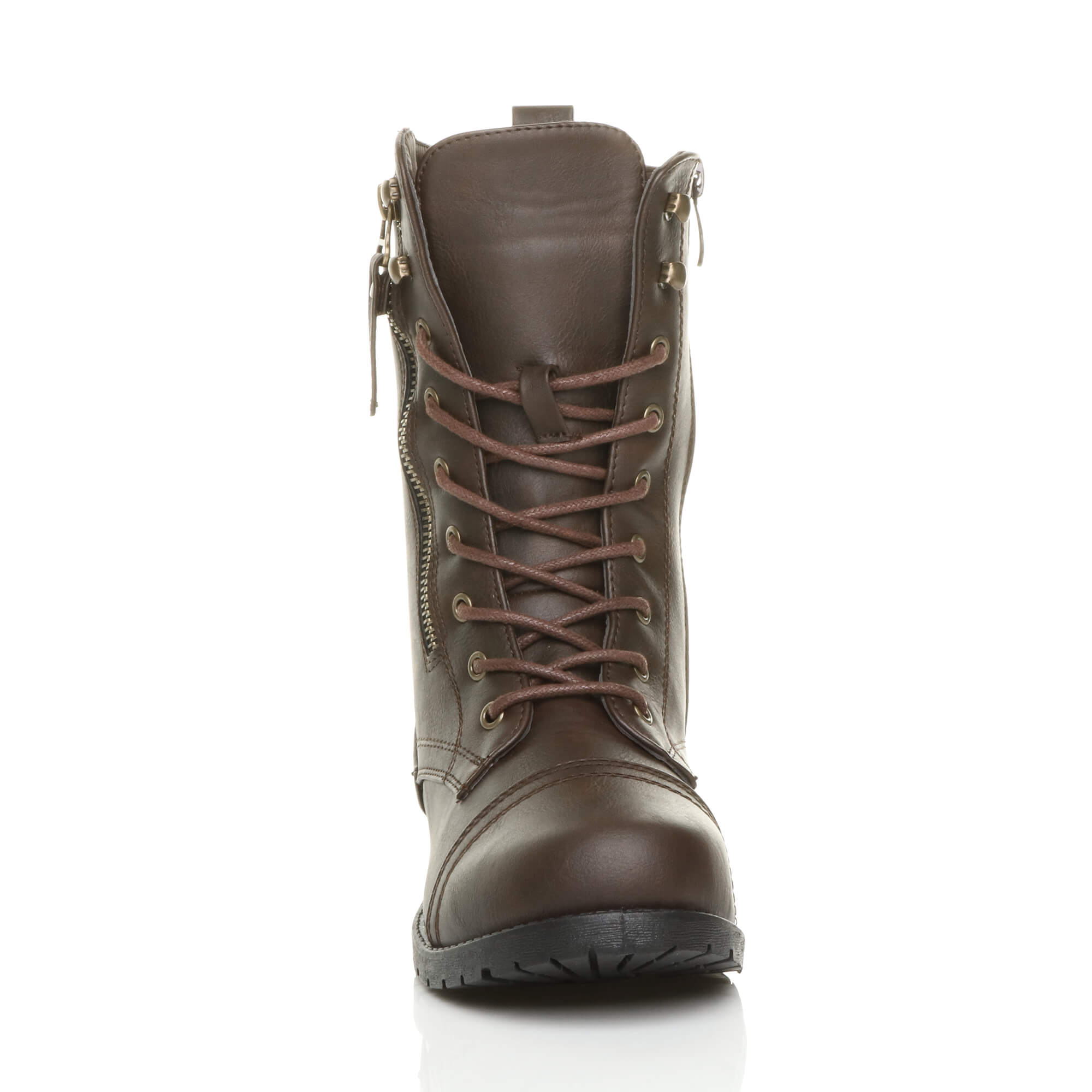 Brown AJVANI Brown Lace Up Zips Military Biker Ankle Boots, Image 6 of 6