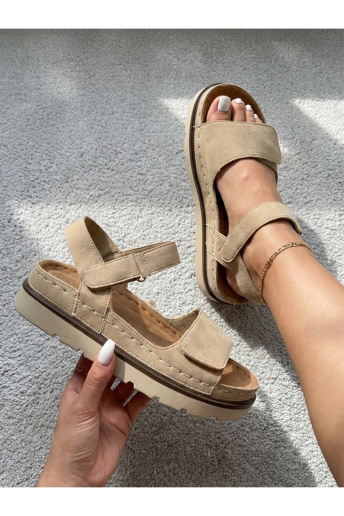 Beige iKrush Beige Violet Suede Platform Sandals, Image 2 of 8